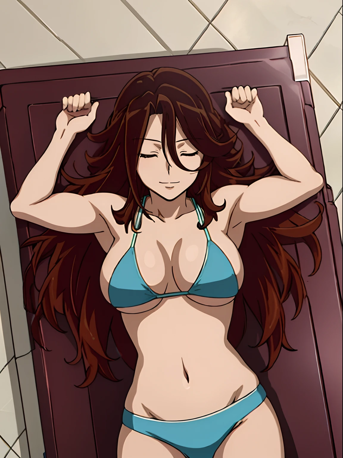 Elegant lady, anime style: 1.8, anime drawing, ultra detailed face, ultra detailed body, 4k, Sumergai Lee Noriega, ((sleeping down on wrestling ring, lying down on wrestling ring), closed eyes), best quality, anime style, hires, highest definition, digital blending, bold drawing lines, (location: beach, sunbathing), ( slim body, (little biceps), , off-shoulders, closed fists, (curvy: 2.8)), ((broken bikini, (chaps))), victorious, winner, gentle, (pale skin, shiny skin, very big breasts, smile), (big eyes, brown eyes), (brown hair, loose hair), 27 years old,