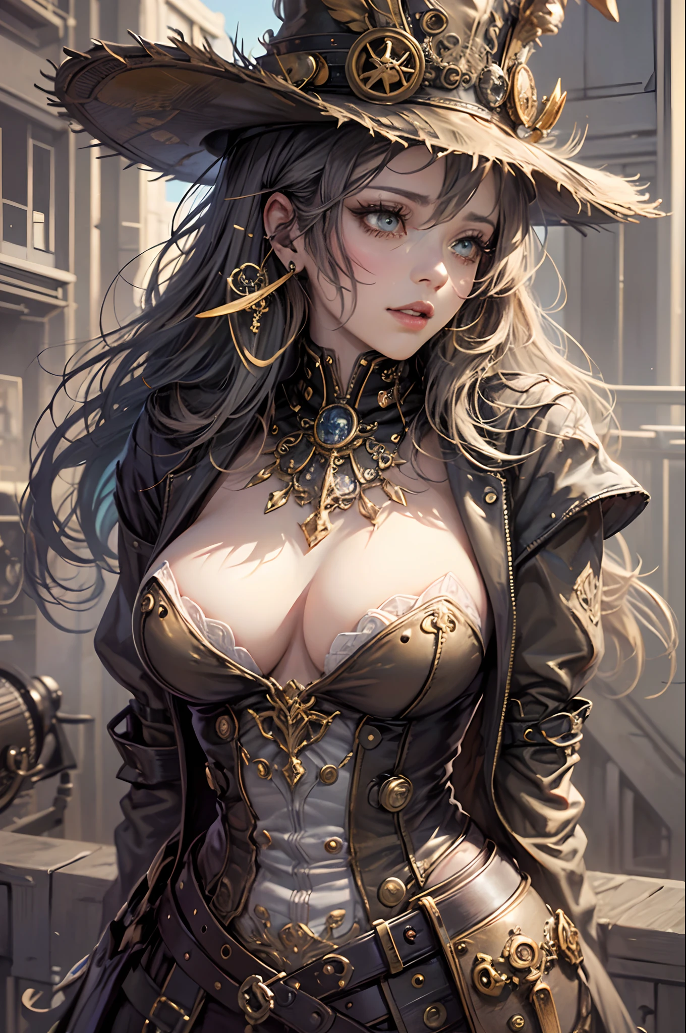 There's a woman wearing a Steam Punk hat, Steampunk, usando trajes Steampunk, espartilho steampunk, breasts on display, Erotic, calcinha pequena, meninatora steampunk, (Steampunk), ( Steampunk ), estilo steampunk, Steam-punk, Steampunk Fiction, steampunk aesthetic, uma deusa Steampunk bonita, steampunk mulher anime bonita, Steampunk, fantasia Steampunk, estilo de fantasia steampunk, arte steampunk, arte digital steampunk, roupas Steampunk --auto --s2