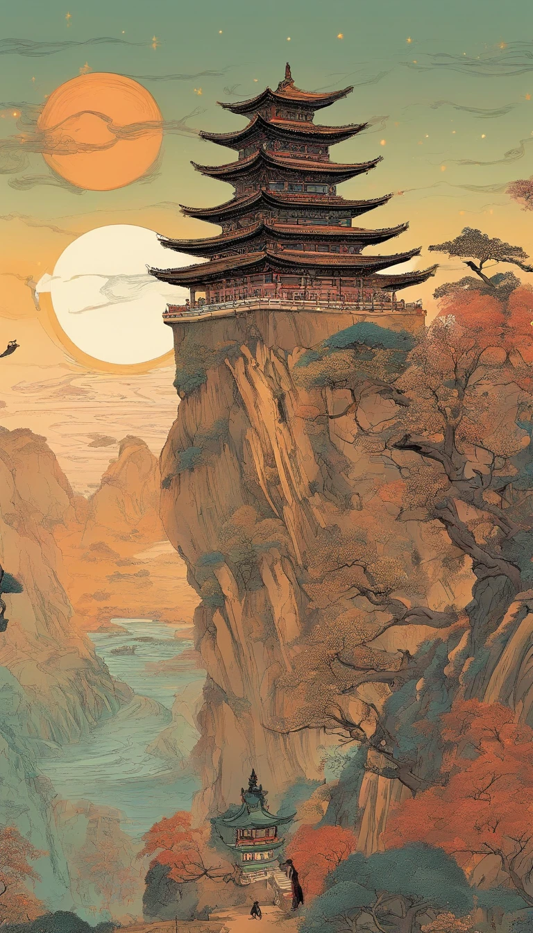 (Tang dynasty style),(A cliff illuminated by a huge moon),A poet standing on the edge of a cliff,Ultra-long-range viewing angle