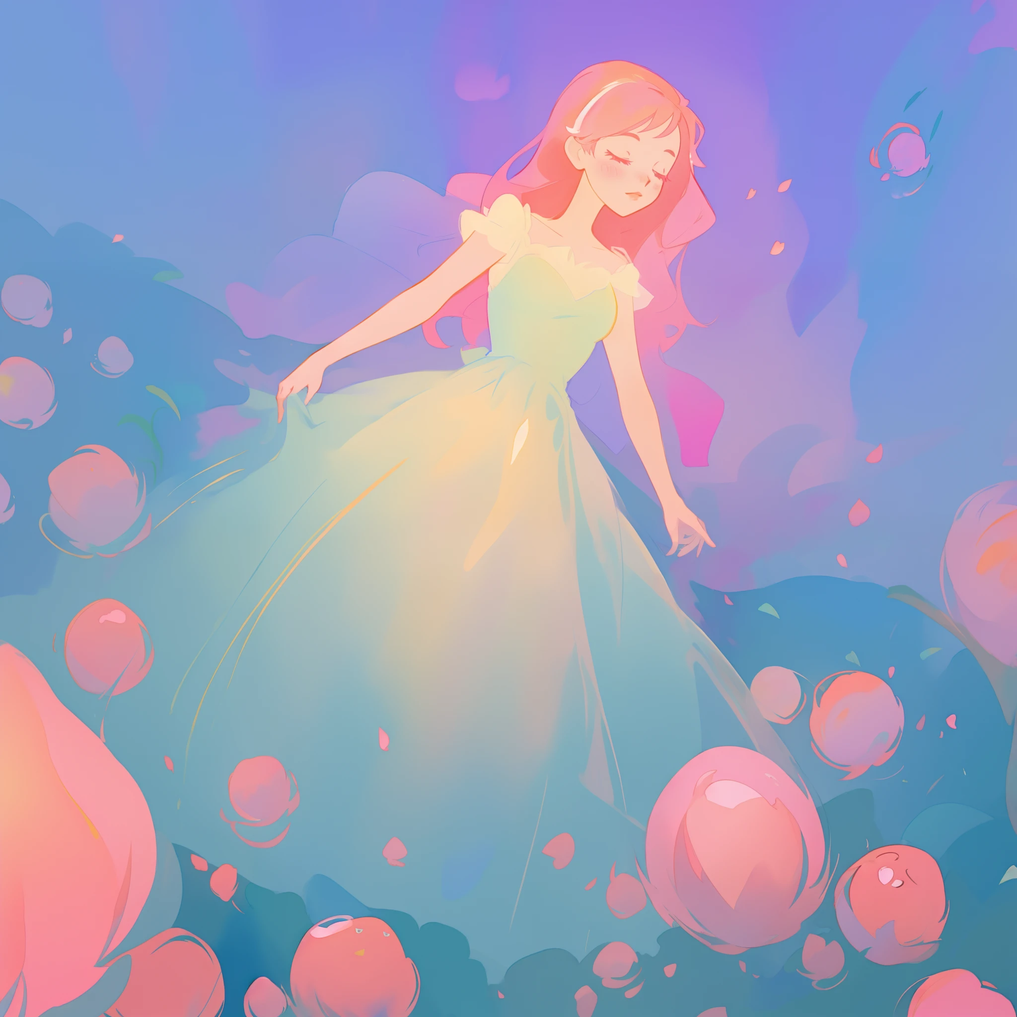 beautiful girl in puffy white ballgown, a field with puffball pink flowers, otherworldly flowers, whimsical landscape, long pink flowing hair, watercolor illustration, inspired by Glen Keane, inspired by Lois van Baarle, disney art style, by Lois van Baarle, by Glen Keane, jen bartel, digital painting, beautiful digital illustration, fantasia otherworldly landscape plants flowers, beautiful, masterpiece, best quality, anime disney style