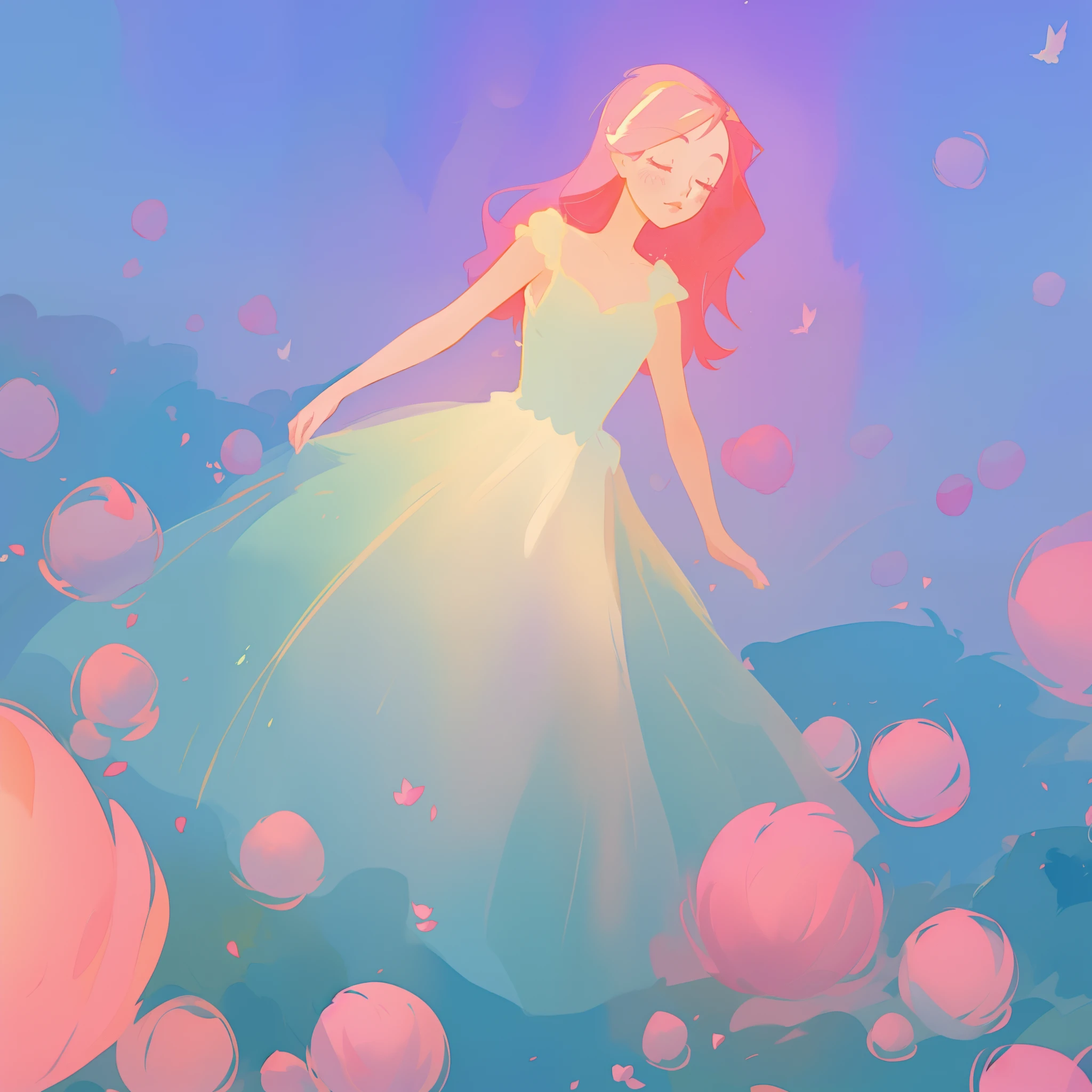 beautiful girl in puffy white ballgown, a field with puffball pink flowers, otherworldly flowers, whimsical landscape, long pink flowing hair, watercolor illustration, inspired by Glen Keane, inspired by Lois van Baarle, disney art style, by Lois van Baarle, by Glen Keane, jen bartel, digital painting, beautiful digital illustration, fantasia otherworldly landscape plants flowers, beautiful, masterpiece, best quality, anime disney style