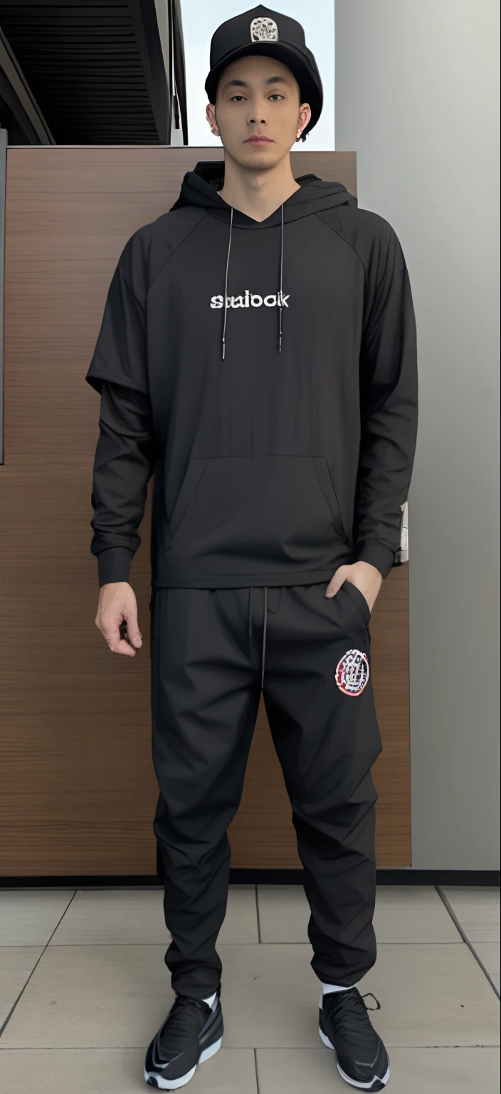 wearing hoodie black, long pants,