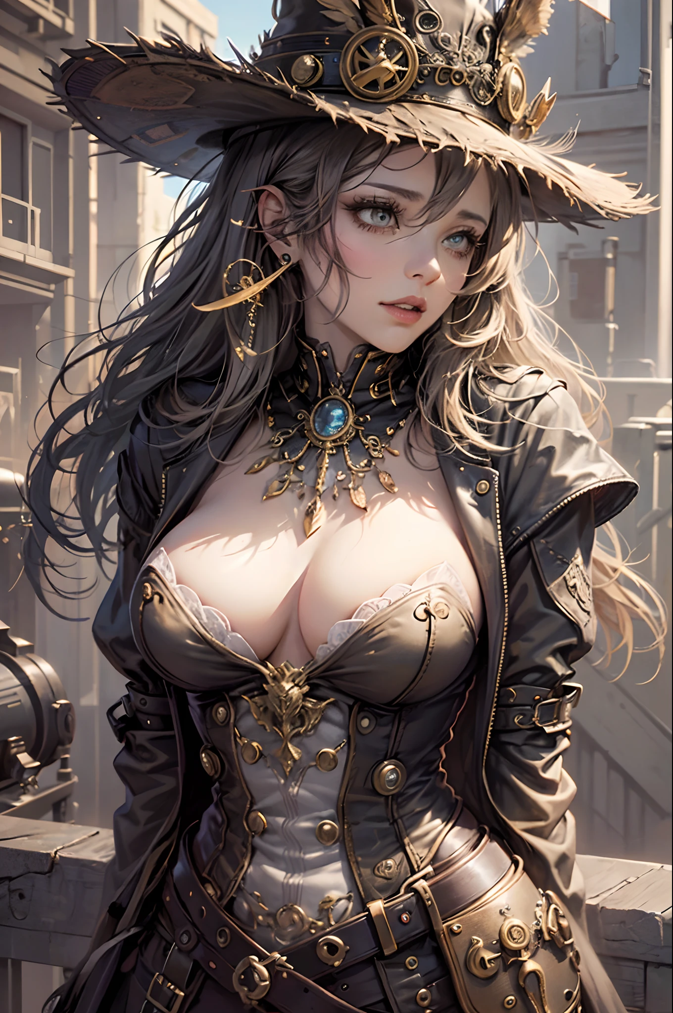 There's a woman wearing a Steam Punk hat, Steampunk, usando trajes Steampunk, espartilho steampunk, breasts on display, Erotic, calcinha pequena, meninatora steampunk, (Steampunk), ( Steampunk ), estilo steampunk, Steam-punk, Steampunk Fiction, steampunk aesthetic, uma deusa Steampunk bonita, steampunk mulher anime bonita, Steampunk, fantasia Steampunk, estilo de fantasia steampunk, arte steampunk, arte digital steampunk, roupas Steampunk --auto --s2