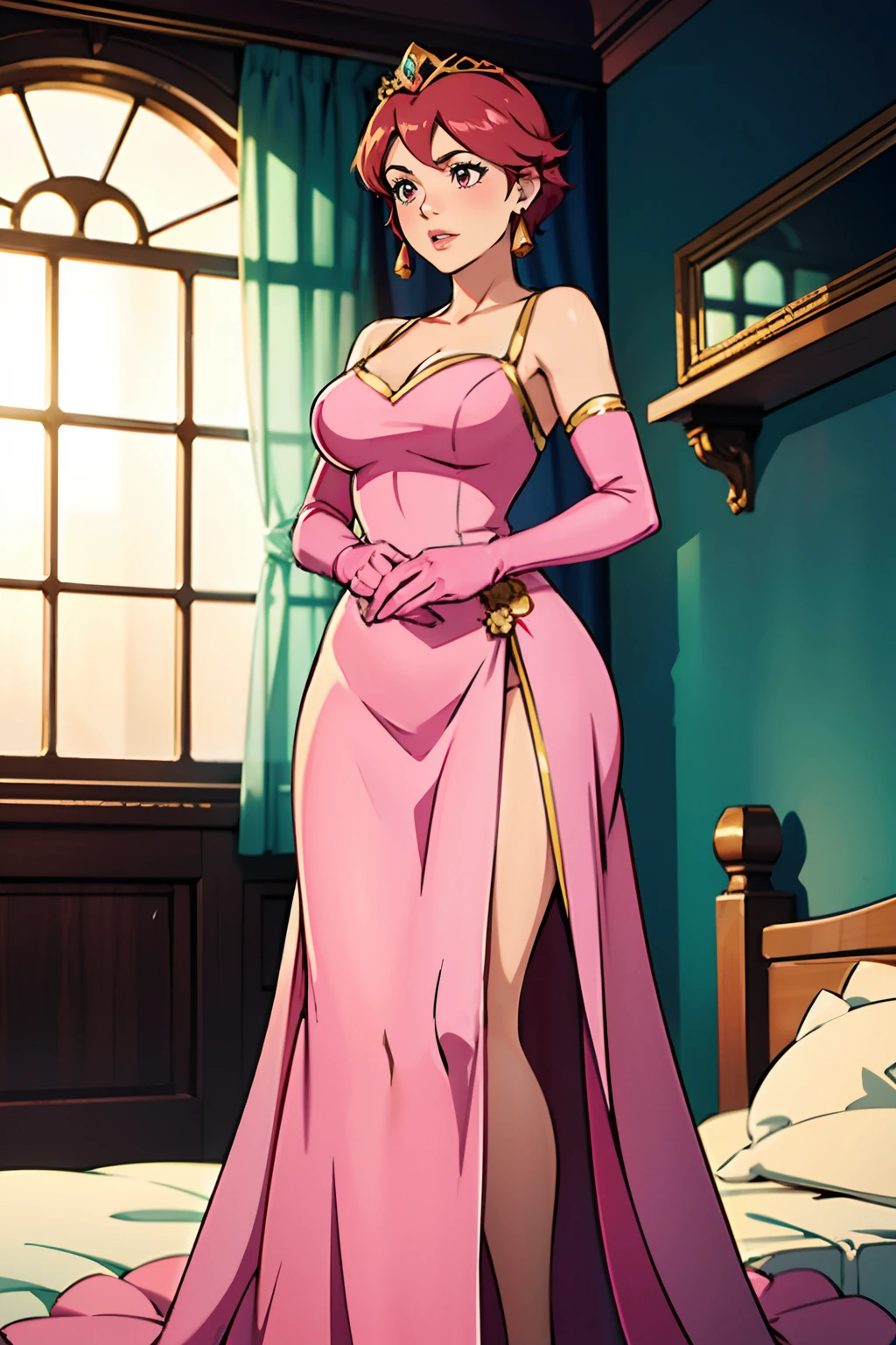 Kim possible, red hair, fairytale princess, pink ball gown, pink elbow long gloves, , gold tiara, pink gloves, beautiful woman, perfect breasts, pink gown, bedroom