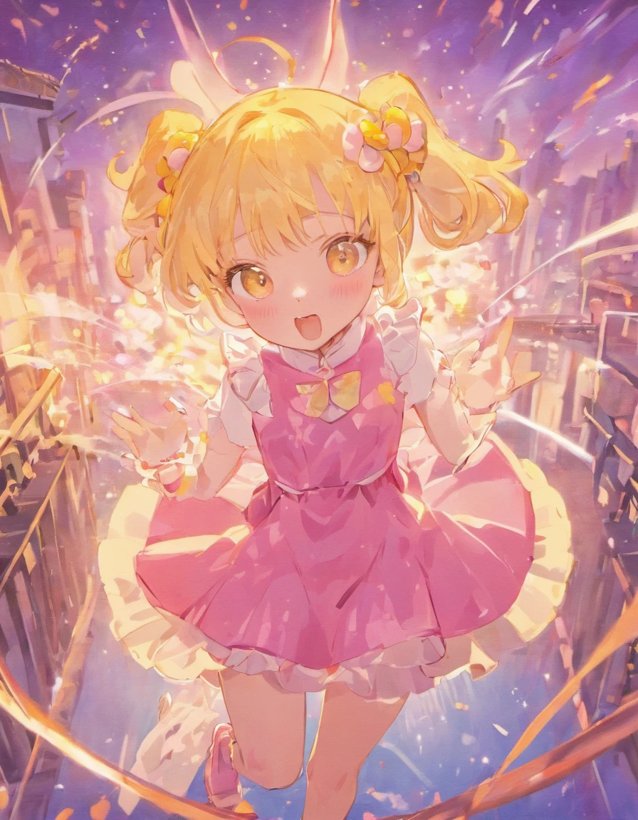 Dreamy shiny light pink hair，Pink and yellow sundress clothes，Milky，The eyes are blue，It's a cute girl, no socks, pink leather shoes, small white gloves, small pink eyebrows, pink hair in long pink pigtails, hair bows, small white gloves, golden glowing halo, holding out her hand toward the screen
