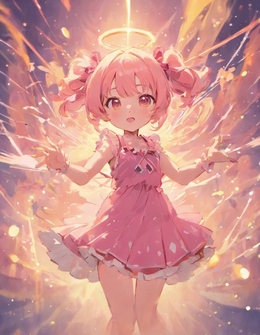 Dreamy shiny light pink hair，Pink and yellow sundress clothes，Milky，The eyes are blue，It's a cute girl, no socks, pink leather shoes, small white gloves, small pink eyebrows, pink hair in long pink pigtails, hair bows, small white gloves, golden glowing halo, holding out her hand toward the screen