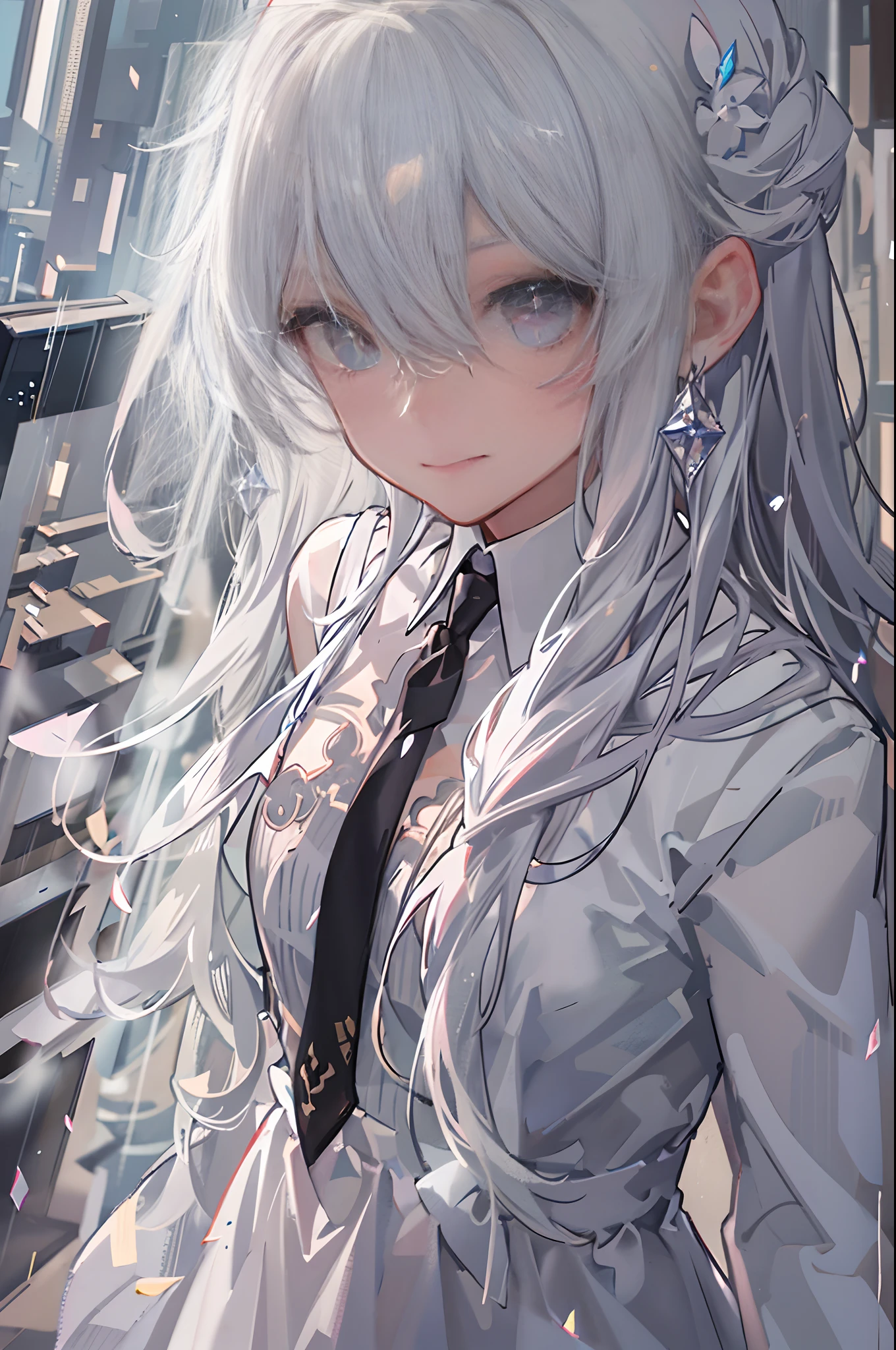 masterpiece, super detail, high quality, best quality, 4K, 1woman, (perspective), ((view from above)), atmospheric perspective, raining blood, environment with white and hazy lighting and coloring, empty city scene, very long white hair, straight hair, (elegant white dress), completely white character, (black tie), formal long tie, mirrors at the end of the hair, gray eyes, lonely, lens flare, overcast dark weather, expressionless eyes, diamond colored eyes, depth of field, beautiful eyes, crystal pupils, (looking up), pupil reflecting light, right eye with cracks in the crystal, hair flying a little in the wind, nosebleed, light smile