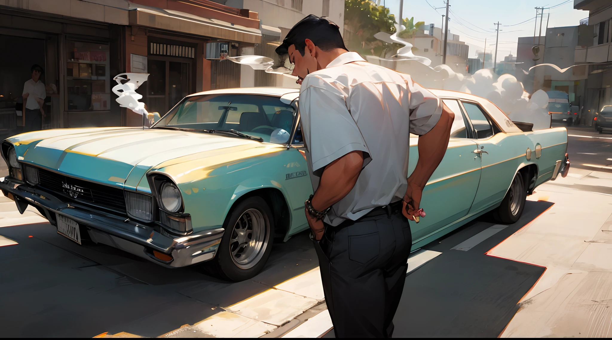 A Mexican Smoking behind a lowrider