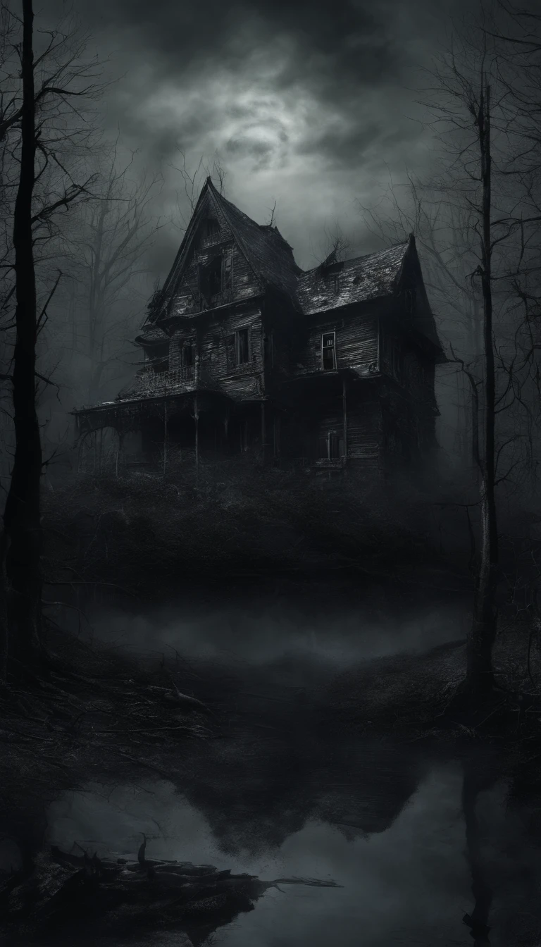 Really beautiful and mysterious forest, it is dark and creepy. There is a old and abandoned maison in the middle, next to it is a lake. It is night. There is also a monster hiding in the woods
