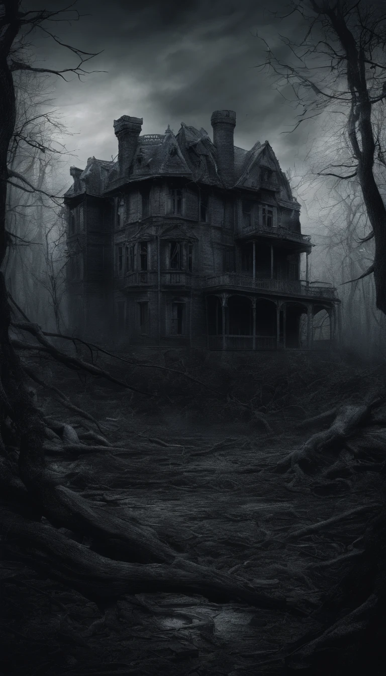 Really beautiful and mysterious forest, it is dark and creepy. There is a old and abandoned maison in the middle, next to it is a lake. It is night. There is also a monster hiding in the woods