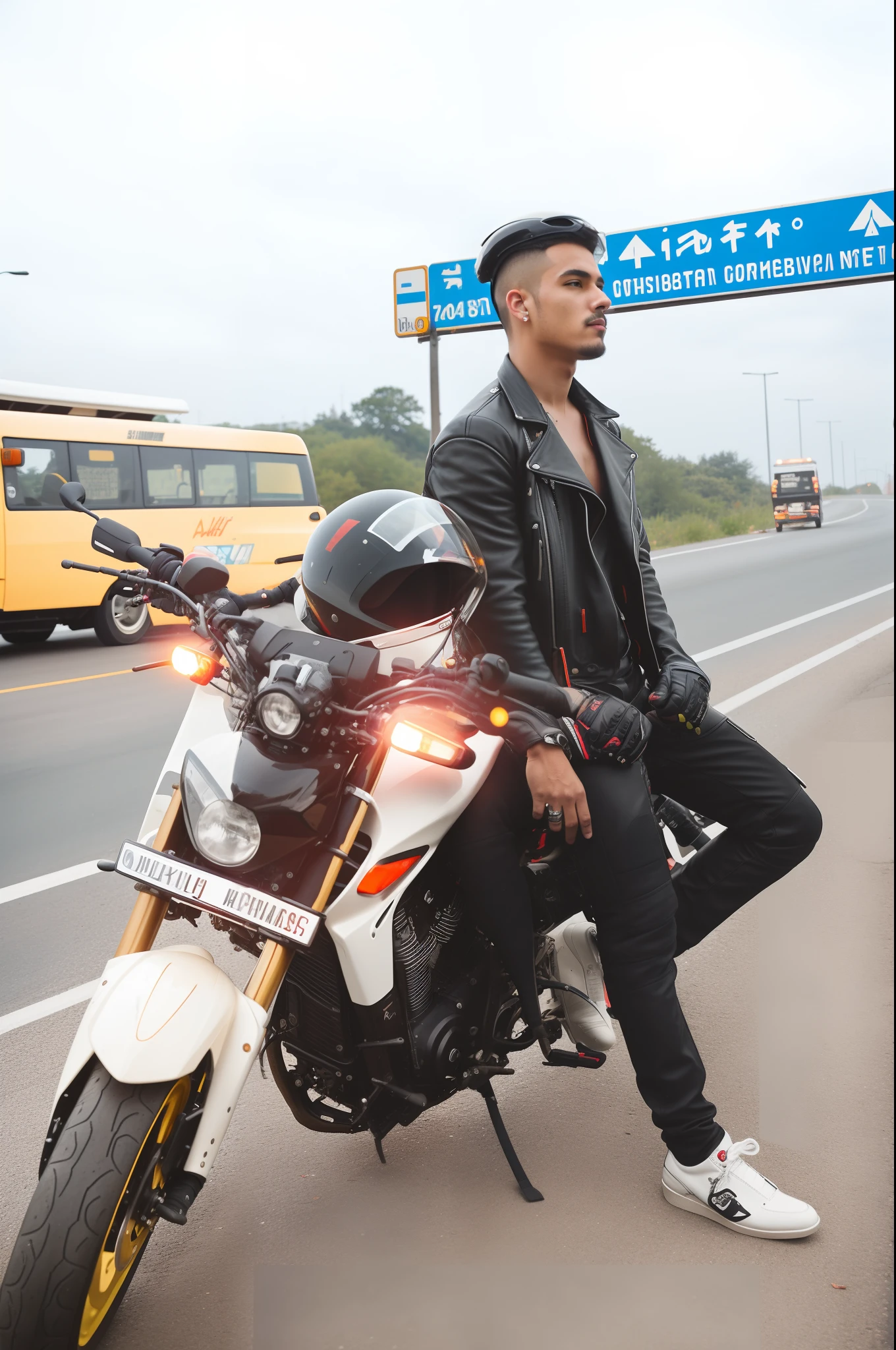 there is a man sitting on a motorcycle on the side of the road, without helmet, sitting on cyberpunk motorbike, picture of a male biker, very artistic pose, sitting on a motorcycle, one motorbike in center of frame, riding on the road, candid picture, stylish pose, taken with sony alpha 9, with a cool pose, taken with sony a7r camera