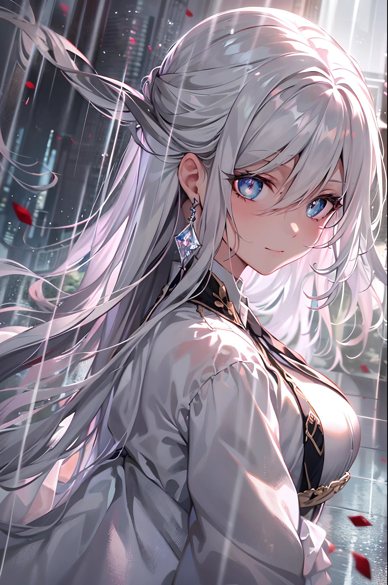 masterpiece, super detail, high quality, best quality, 4K, 1woman, (perspective), ((view from above)), atmospheric perspective, raining blood, environment with white and hazy lighting and coloring, empty city scene, very long white hair, straight hair, (elegant white dress), completely white character, (black tie), formal long tie, mirrors at the end of the hair, gray eyes, lonely, lens flare, overcast dark weather, expressionless eyes, diamond colored eyes, depth of field, beautiful eyes, crystal pupils, (looking up), pupil reflecting light, right eye with cracks in the crystal, hair flying a little in the wind, nosebleed, light smile