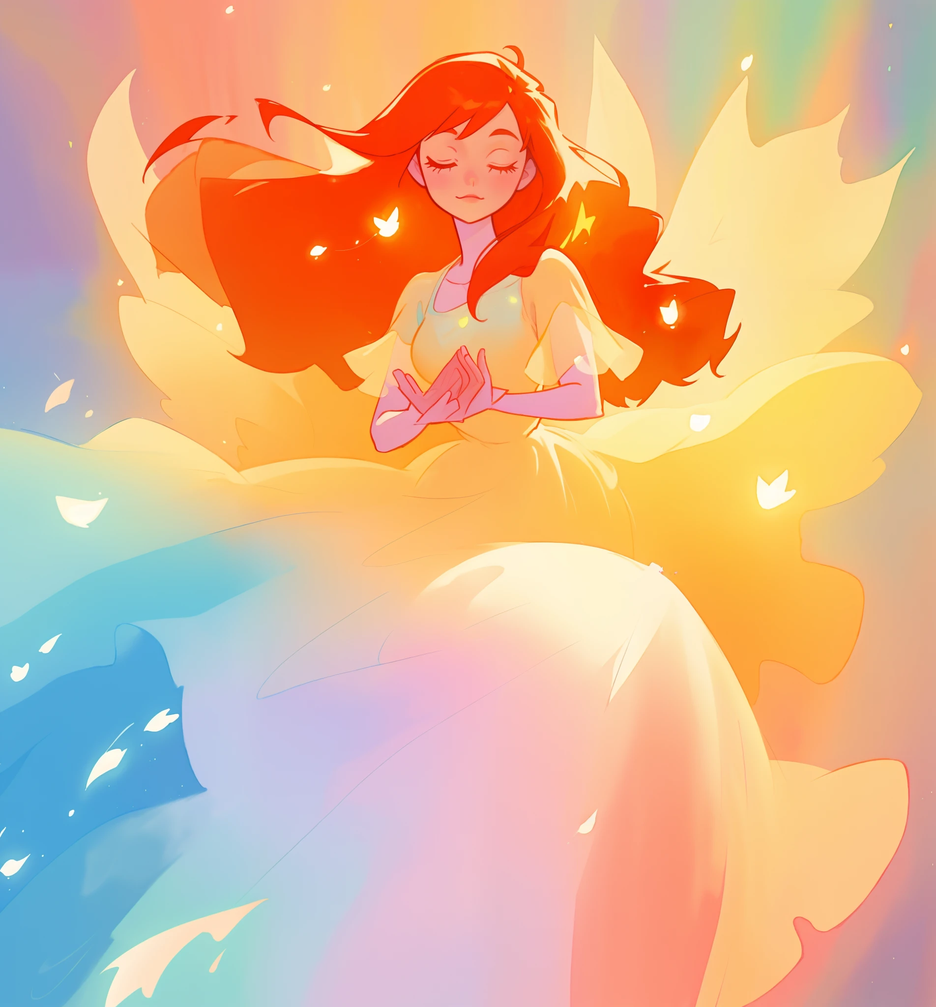beautiful girl in puffy ballgown dress, fairy dress, long red hair, watercolor illustration, inspired by Glen Keane, inspired by Lois van Baarle, disney art style, by Lois van Baarle, glowing aura around her, by Glen Keane, jen bartel, glowing lights! digital painting, flowing glowing hair, glowing flowing hair, beautiful digital illustration, fantasia otherworldly landscape plants flowers, beautiful, masterpiece, best quality, anime disney style