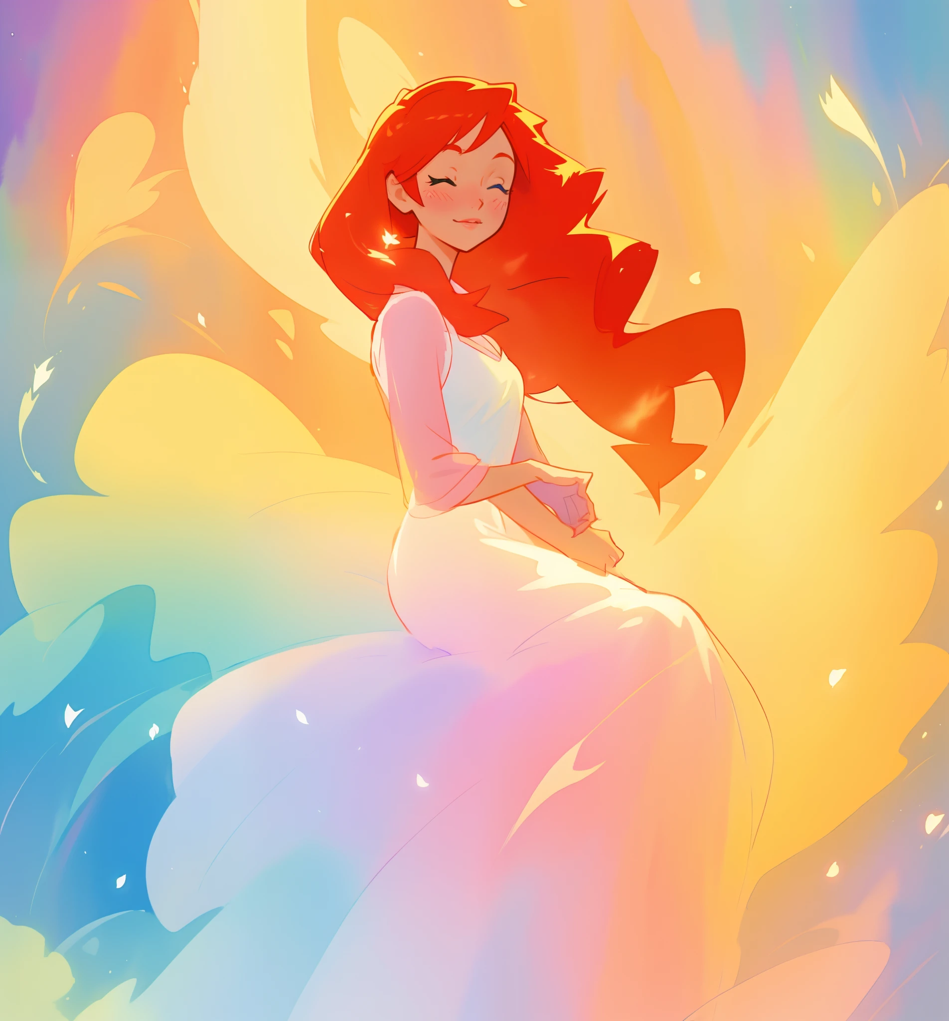 beautiful girl in puffy ballgown dress, fairy dress, long red hair, watercolor illustration, inspired by Glen Keane, inspired by Lois van Baarle, disney art style, by Lois van Baarle, glowing aura around her, by Glen Keane, jen bartel, glowing lights! digital painting, flowing glowing hair, glowing flowing hair, beautiful digital illustration, fantasia otherworldly landscape plants flowers, beautiful, masterpiece, best quality, anime disney style