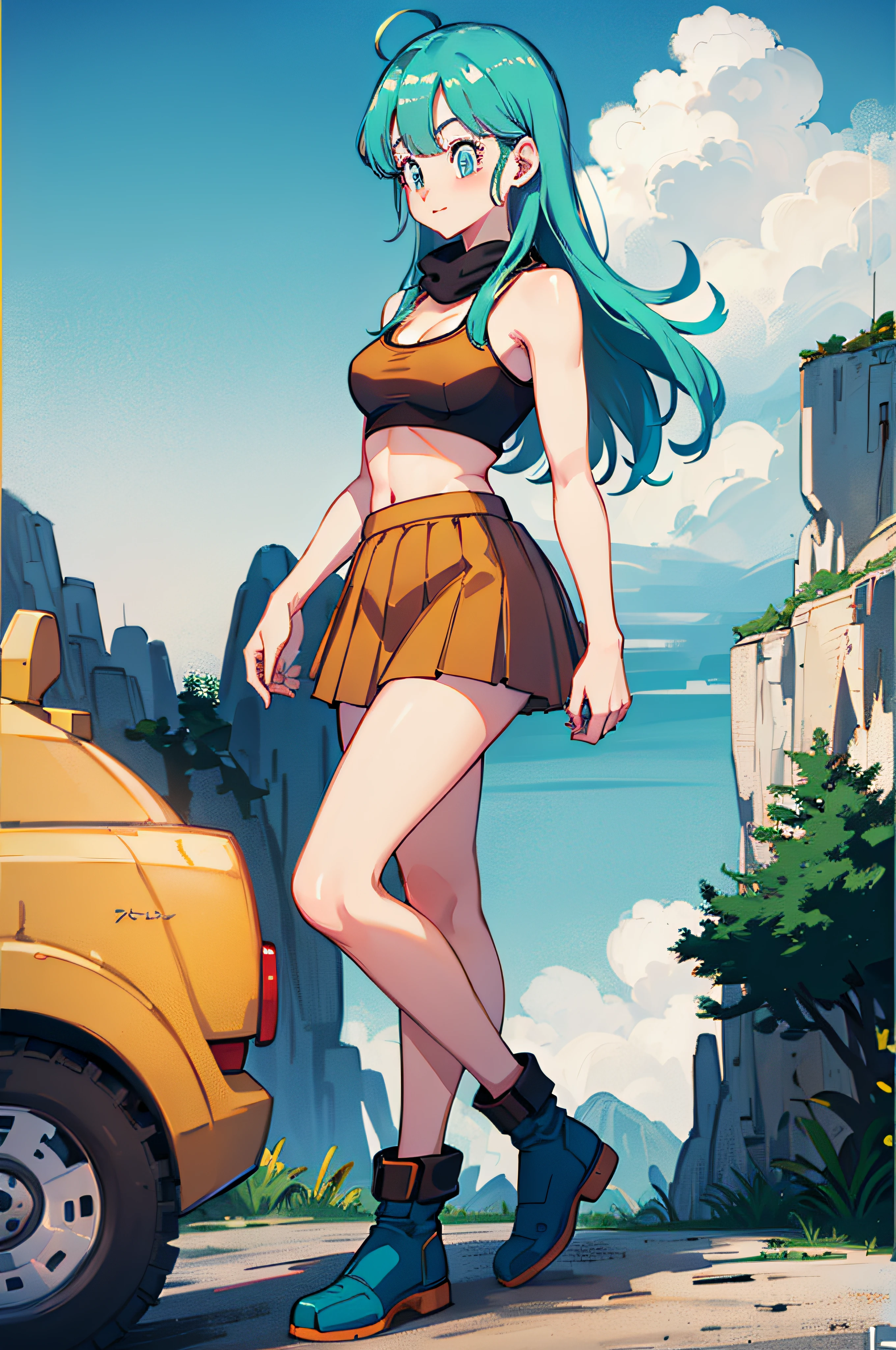 (masterpiece), best quality, (Highly Detailed CG Unity 8k wallpaper), Detailed background, city landscape, skyline,   (Hands by Guido Daniele: 0.5), First person perspective, 1, Beautiful human girl who is attractive and perfect, teenager,  (long turquoise hair), (curvaceous), (hourglass figure), (goku gi crop top) , (blue waist sash), ((black thigh high socks)),   (navel), (orange pleated skirt), (seductive standing legs crossed sexy), legs crossed, slender legs (UGG boots), (white thighs: 1.12), (Ahoge: 1.13),  side angle full body view, (princess style medium long hair:1.12), (turquoise eyes: 1.13), Look at the viewer, big, ((cleavage)),SFW, beautiful face, (Blush: 0.90), (Smile: 1.11)expressive eyes, perfect face, medium breasts,