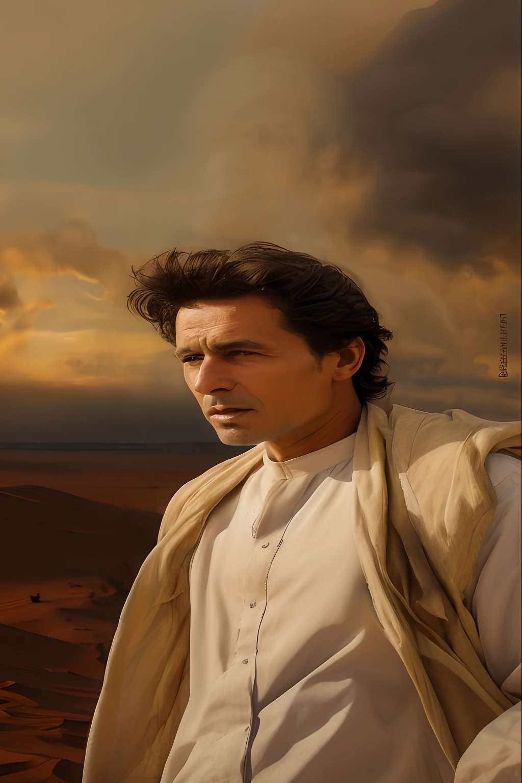 there is a man standing in the desert with a jacket on, matte painting portrait shot, fan art, inspired by Johfra Bosschart, portrait of bedouin d&d, shadar kai, highly detailed vfx portrait of, portrait shot, highly realistic digital art, official illustration, 4k art, the king in the desert, very realistic digital art