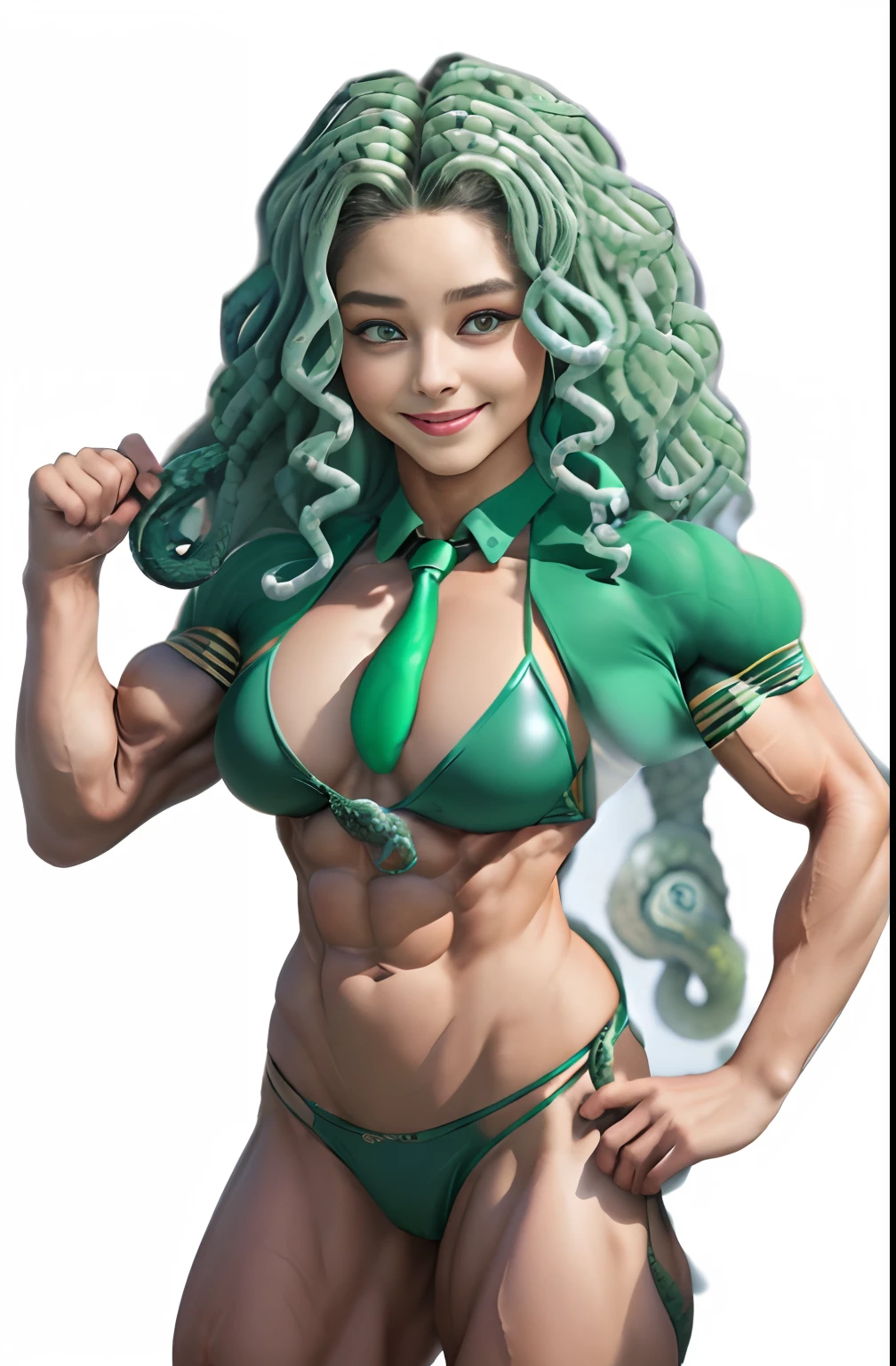 (((Medusa, Her hair is made of small snakes))), (((Female Bodybuilders))), Cute Girl, girl, Smiling, Countless snake heads, ((very muscular body)), Very simple background, portrait of a full body, Full body like, ((Real Girl))