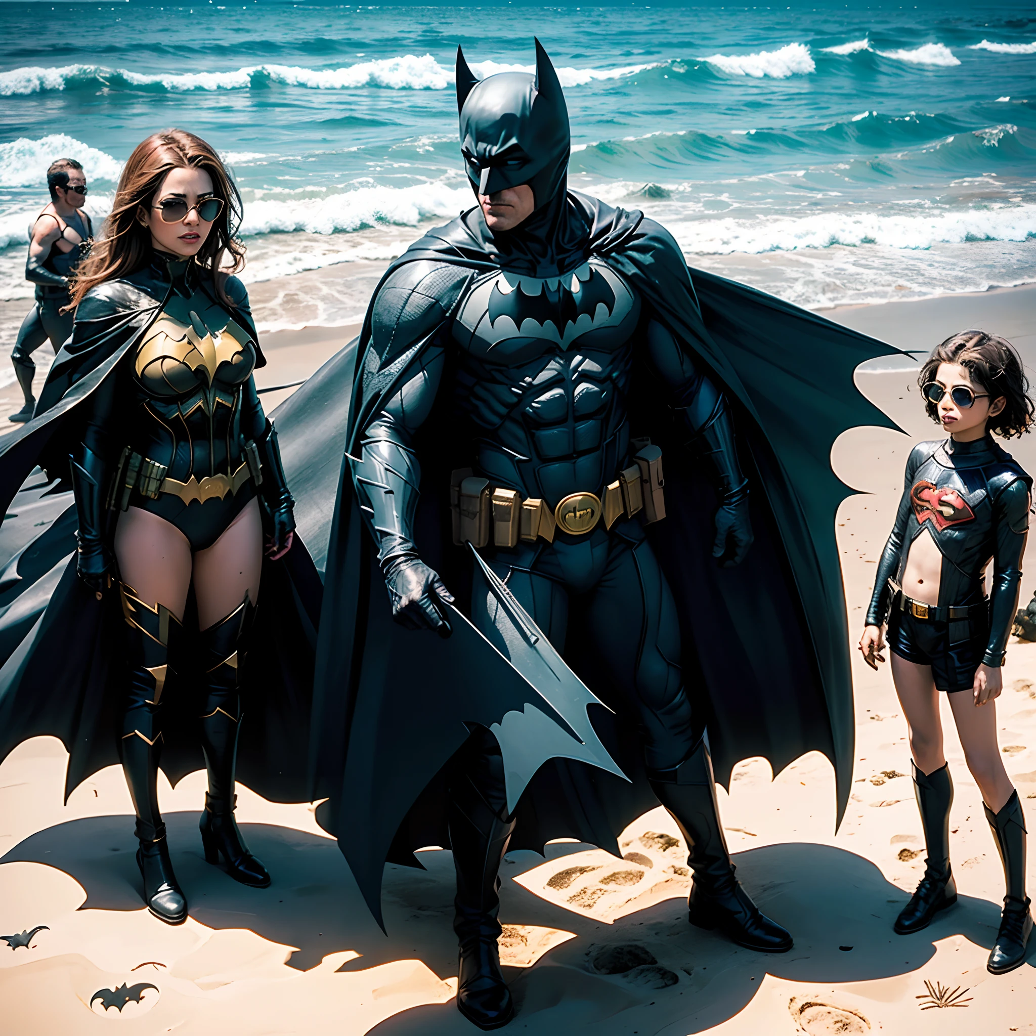 Batman with sunglasses, na praia do caribe, along with members of the Justice League --auto