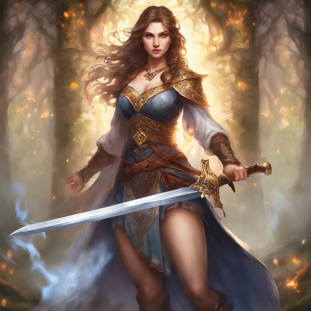 Generate an image of a formidable yet mystical woman embodying the essence of a magic swordsman. She should be dressed in a blend of warrior armor and mystical robes, adorned with engraved runes or mystical symbols, primarily in dark or metallic colors accented with vibrant magical glows. Her majestic sword, with a hilt adorned with gemstones or runes, should glow with magical energy. Mystical jewelry like rings or necklaces, along with a cloak or a hood, should complement her attire. The backdrop should be set in fantastical ancient ruins or a mystical forest with glowing plants and mysterious fog, illuminated by moonlight or a magical glow casting dramatic shadows. Her pose should be dynamic, showcasing readiness for battle with her sword drawn and magical energy swirling around her. Her expression should be determined and focused, reflecting her resolve and mystical prowess.