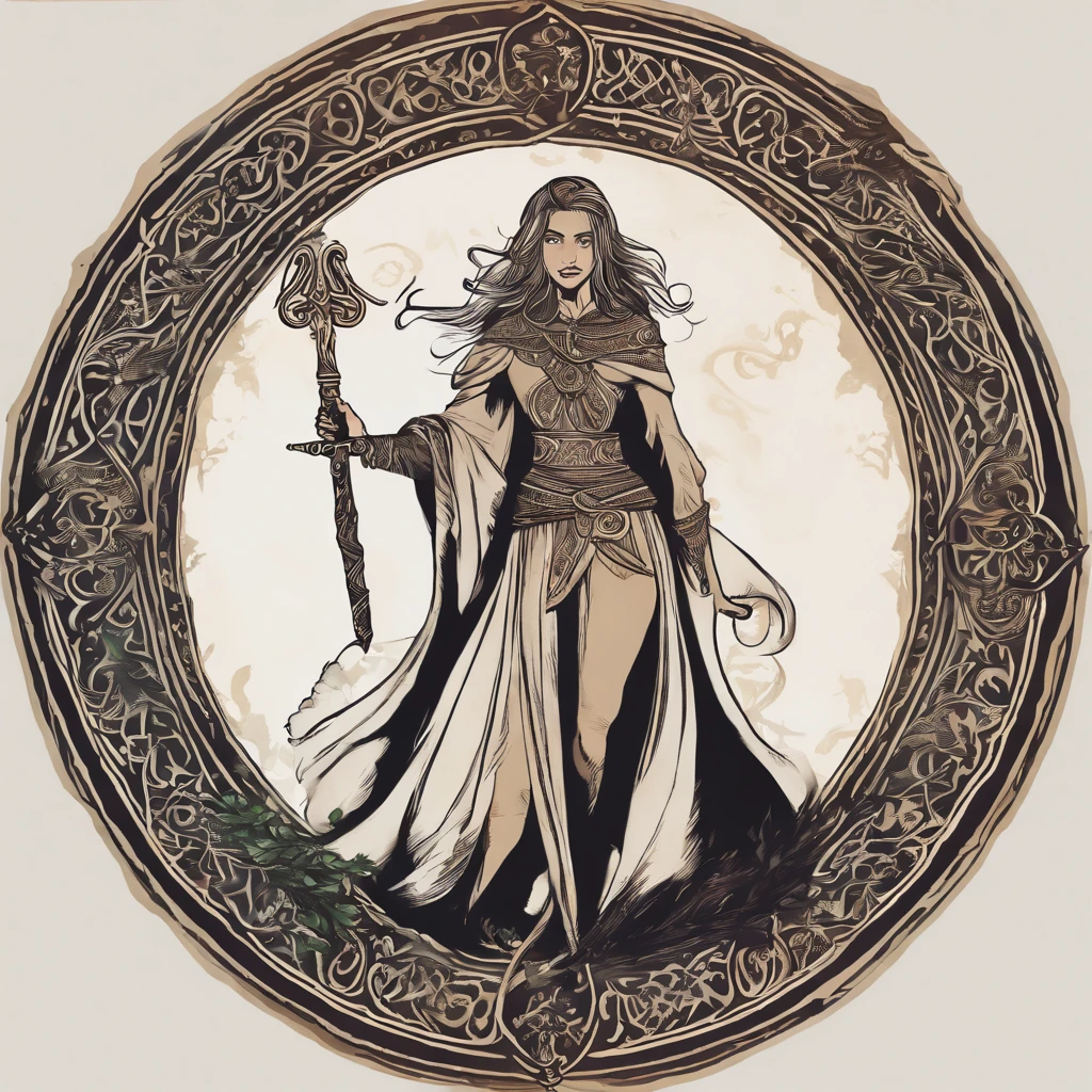 Generate an image of a formidable yet mystical woman embodying the essence of a magic swordsman. She should be dressed in a blend of warrior armor and mystical robes, adorned with engraved runes or mystical symbols, primarily in dark or metallic colors accented with vibrant magical glows. Her majestic sword, with a hilt adorned with gemstones or runes, should glow with magical energy. Mystical jewelry like rings or necklaces, along with a cloak or a hood, should complement her attire. The backdrop should be set in fantastical ancient ruins or a mystical forest with glowing plants and mysterious fog, illuminated by moonlight or a magical glow casting dramatic shadows. Her pose should be dynamic, showcasing readiness for battle with her sword drawn and magical energy swirling around her. Her expression should be determined and focused, reflecting her resolve and mystical prowess.
