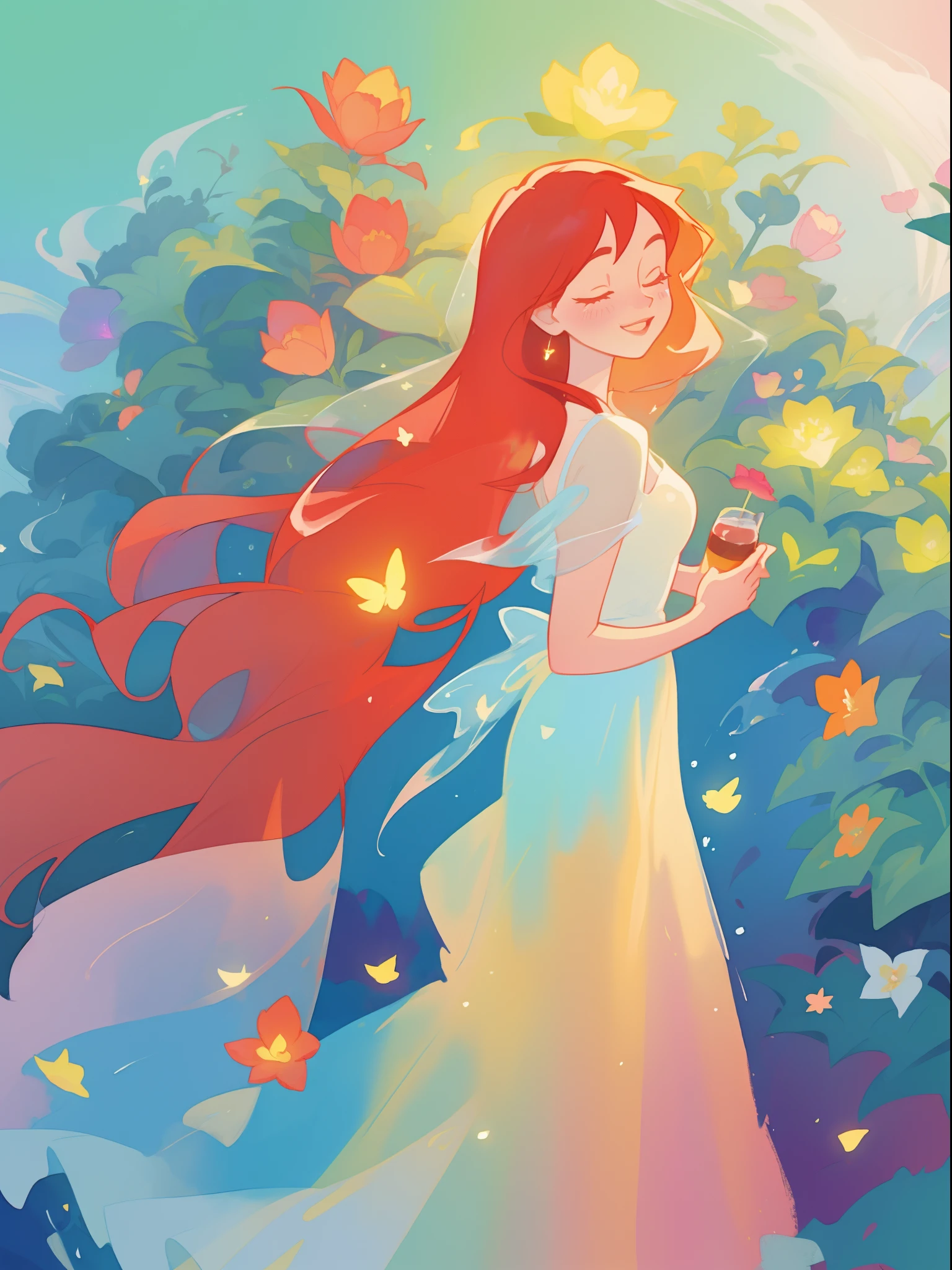 beautiful girl in flowing shimmering ballgown dress, fairy dress, long red hair, magical, whimsical, watercolor illustration, flowers and colorful plants, inspired by Glen Keane, inspired by Lois van Baarle, disney art style, by Lois van Baarle, glowing aura around her, by Glen Keane, jen bartel, glowing lights! digital painting, flowing glowing hair, glowing flowing hair, beautiful digital illustration, fantasia otherworldly landscape plants flowers, beautiful, masterpiece, best quality, anime disney style