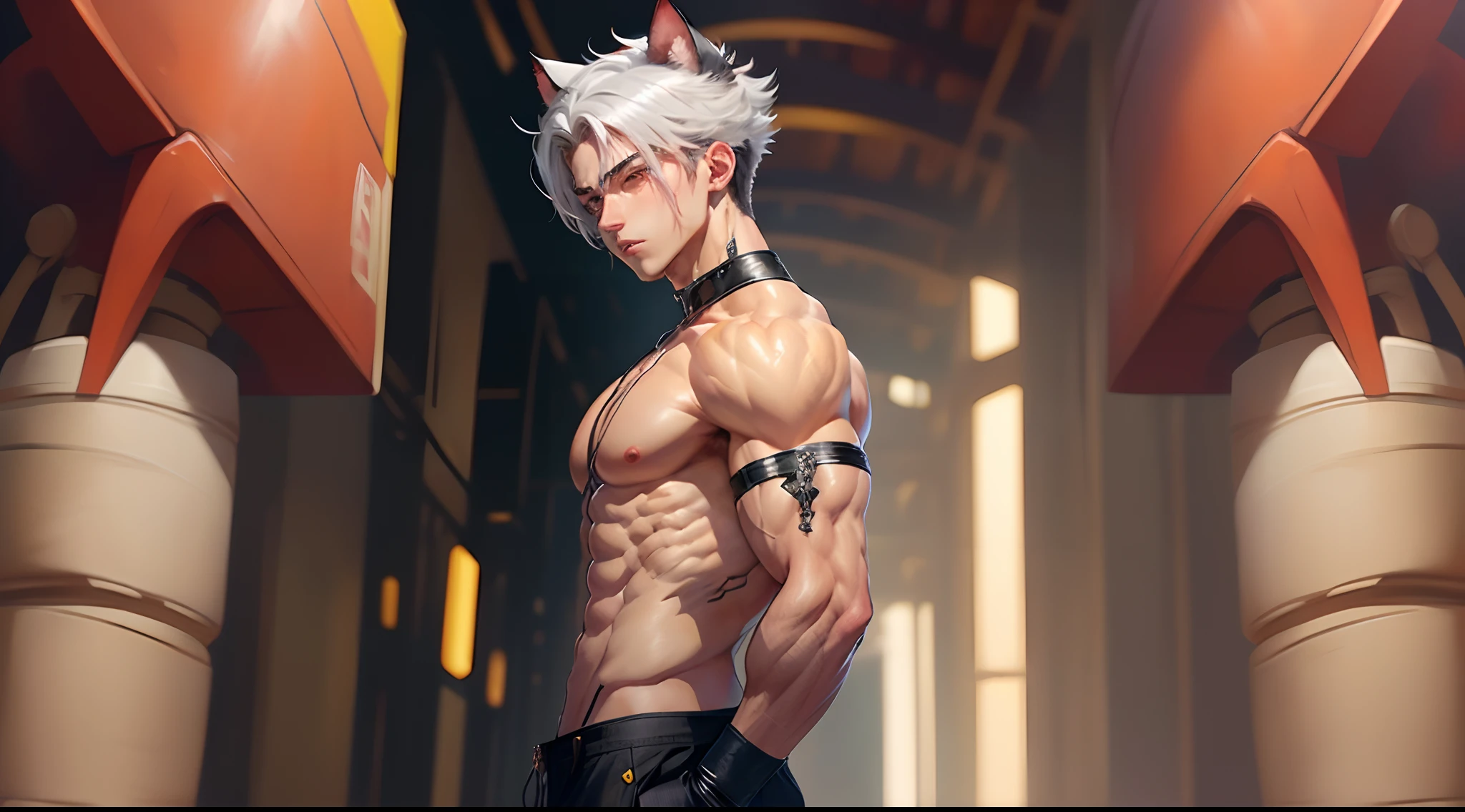 Anime boy that is buff but not too buff with black hair that look like they have cat ears with some white hair in between, he wears clothes in colors black, red and grey, he is hot