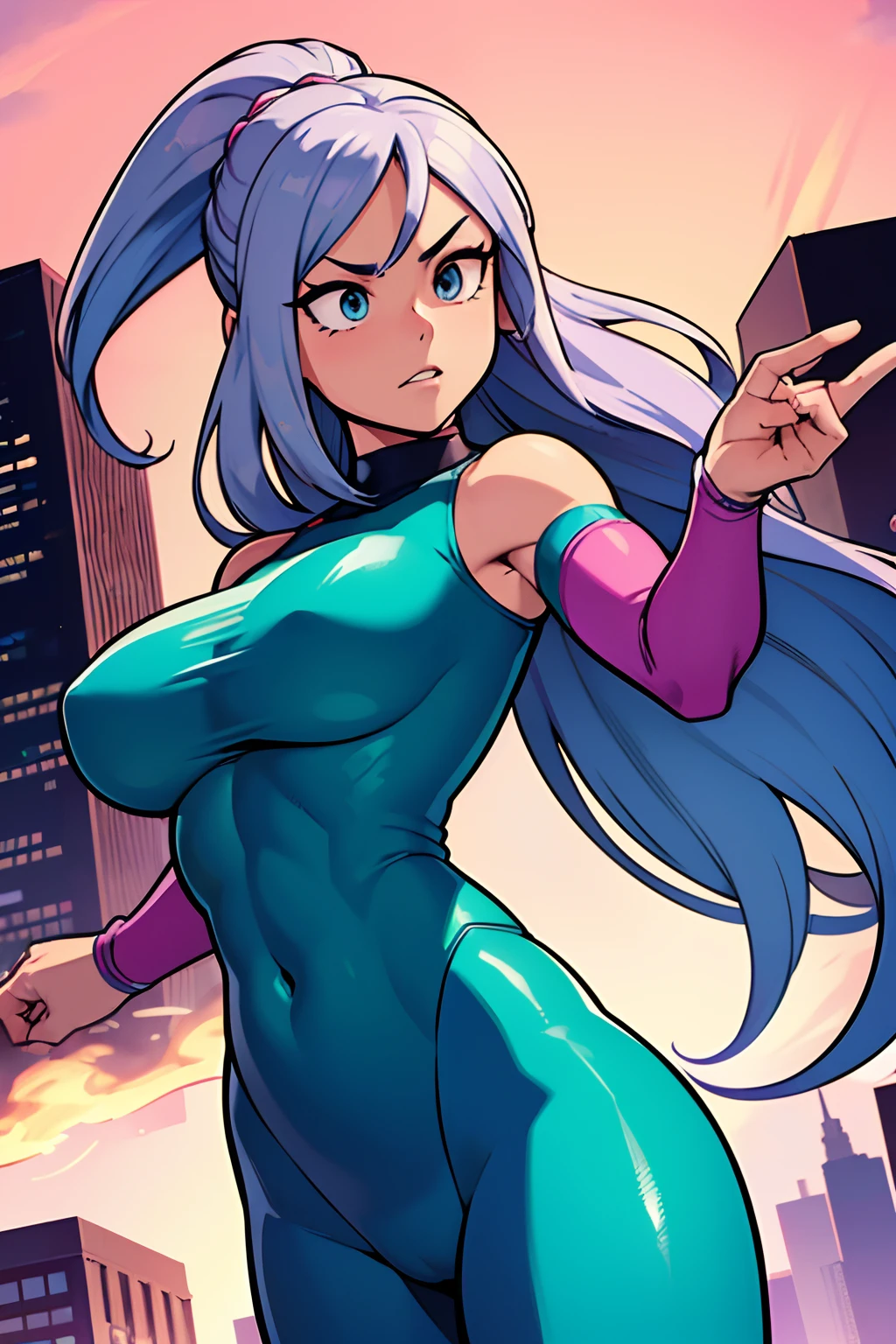 (best quality,4k,highres,masterpiece:1.2),ultra-detailed,realistic, beautiful young Japanese American woman, superheroine, ripped abs, big bouncing breasts, long silver hair, soft deep Emerald eyes, pink blue and white skin-tight spandex suit, psionic powers, intense aura, dynamic action, strong and confident stance, vibrant city skyline in the background, bustling streets filled with awe-inspired civilians, My Hero Academia-inspired art style, colorful comic book-like shading, dramatic lighting with dynamic shadows, vivid colors showcasing the character's superhuman abilities, energetic and impactful composition.