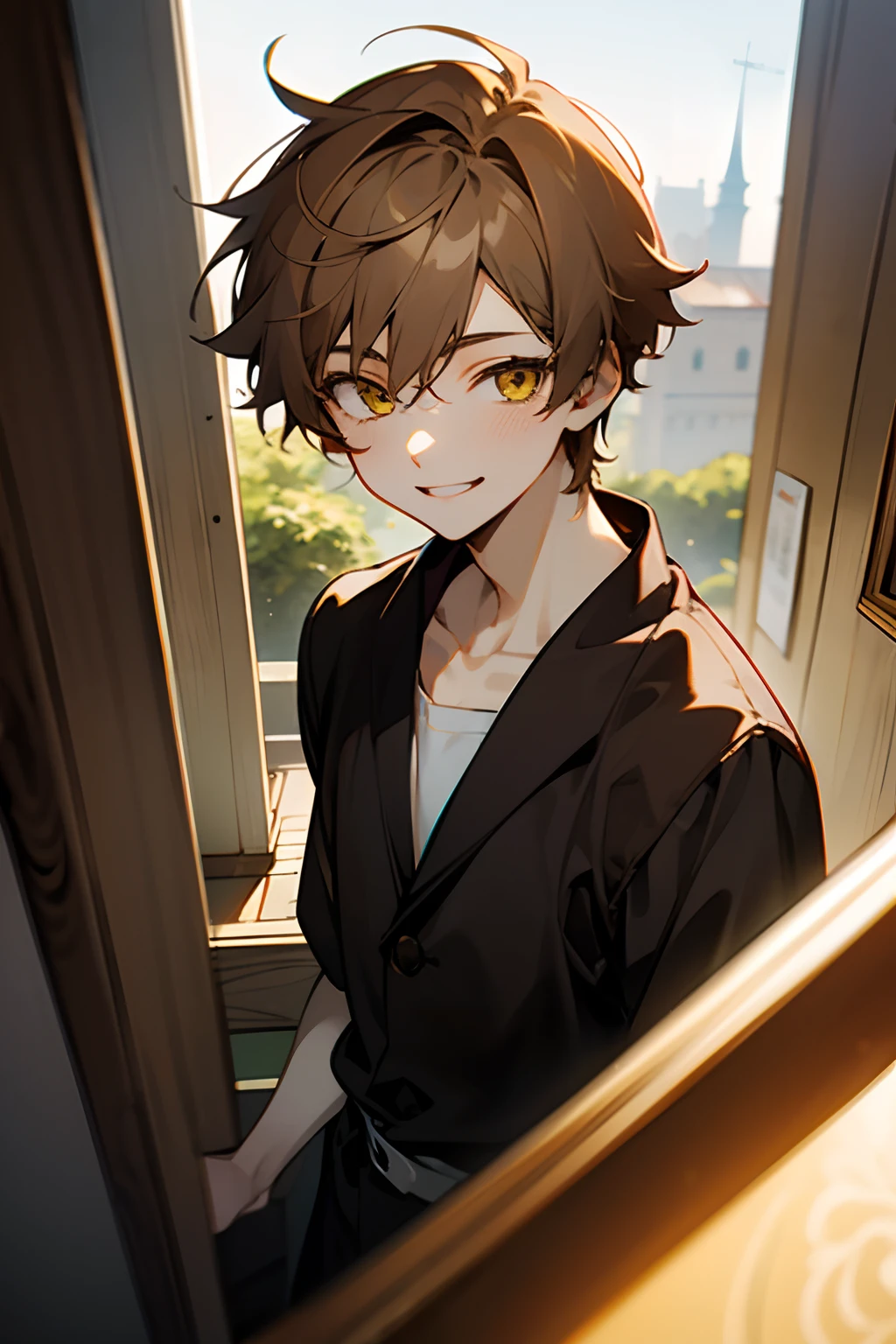 boy, one boy, anime, light brown hair, yellow eyes, smiling, sunny, cute, pale, 17 year old.