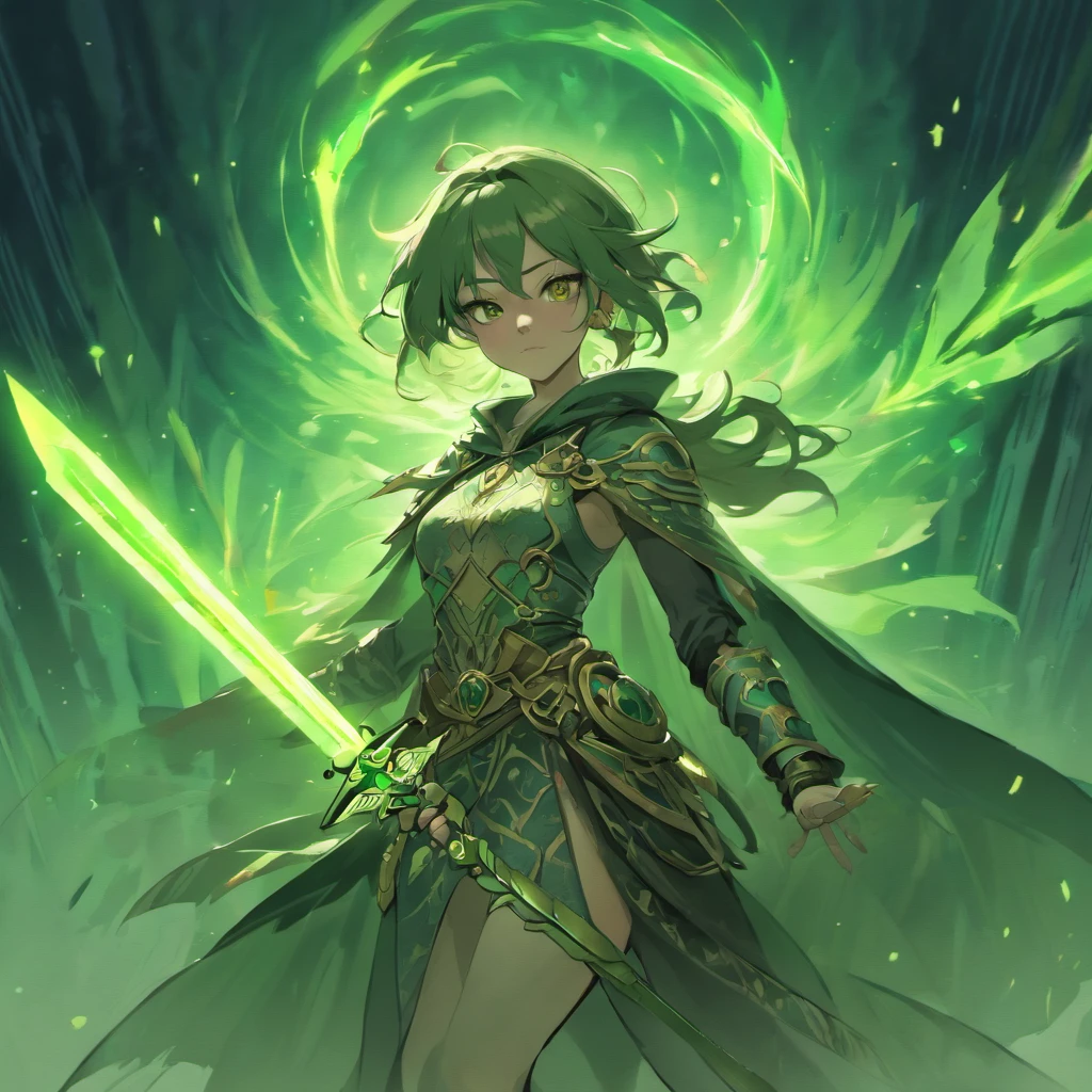Generate an image of a formidable yet mystical woman embodying the essence of a magic swordsman. She should be dressed in a blend of warrior armor and mystical robes, adorned with engraved runes or mystical symbols, primarily in dark or metallic colors accented with vibrant magical glows. Her majestic sword, with a hilt adorned with gemstones or runes, should glow with magical energy. Mystical jewelry like rings or necklaces, along with a cloak or a hood, should complement her attire. The backdrop should be set in fantastical ancient ruins or a mystical forest with glowing plants and mysterious fog, illuminated by moonlight or a magical glow casting dramatic shadows. Her pose should be dynamic, showcasing readiness for battle with her sword drawn and magical energy swirling around her. Her expression should be determined and focused, reflecting her resolve and mystical prowess.
