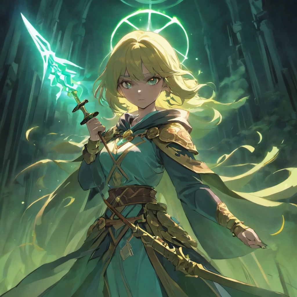 Generate an image of a formidable yet mystical woman embodying the essence of a magic swordsman. She should be dressed in a blend of warrior armor and mystical robes, adorned with engraved runes or mystical symbols, primarily in dark or metallic colors accented with vibrant magical glows. Her majestic sword, with a hilt adorned with gemstones or runes, should glow with magical energy. Mystical jewelry like rings or necklaces, along with a cloak or a hood, should complement her attire. The backdrop should be set in fantastical ancient ruins or a mystical forest with glowing plants and mysterious fog, illuminated by moonlight or a magical glow casting dramatic shadows. Her pose should be dynamic, showcasing readiness for battle with her sword drawn and magical energy swirling around her. Her expression should be determined and focused, reflecting her resolve and mystical prowess.