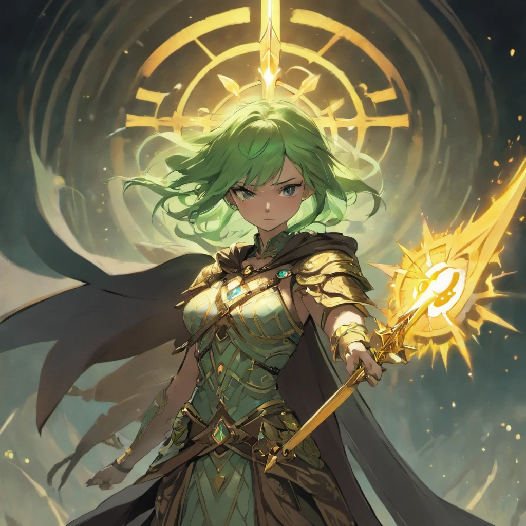 Generate an image of a formidable yet mystical woman embodying the essence of a magic swordsman. She should be dressed in a blend of warrior armor and mystical robes, adorned with engraved runes or mystical symbols, primarily in dark or metallic colors accented with vibrant magical glows. Her majestic sword, with a hilt adorned with gemstones or runes, should glow with magical energy. Mystical jewelry like rings or necklaces, along with a cloak or a hood, should complement her attire. The backdrop should be set in fantastical ancient ruins or a mystical forest with glowing plants and mysterious fog, illuminated by moonlight or a magical glow casting dramatic shadows. Her pose should be dynamic, showcasing readiness for battle with her sword drawn and magical energy swirling around her. Her expression should be determined and focused, reflecting her resolve and mystical prowess.
