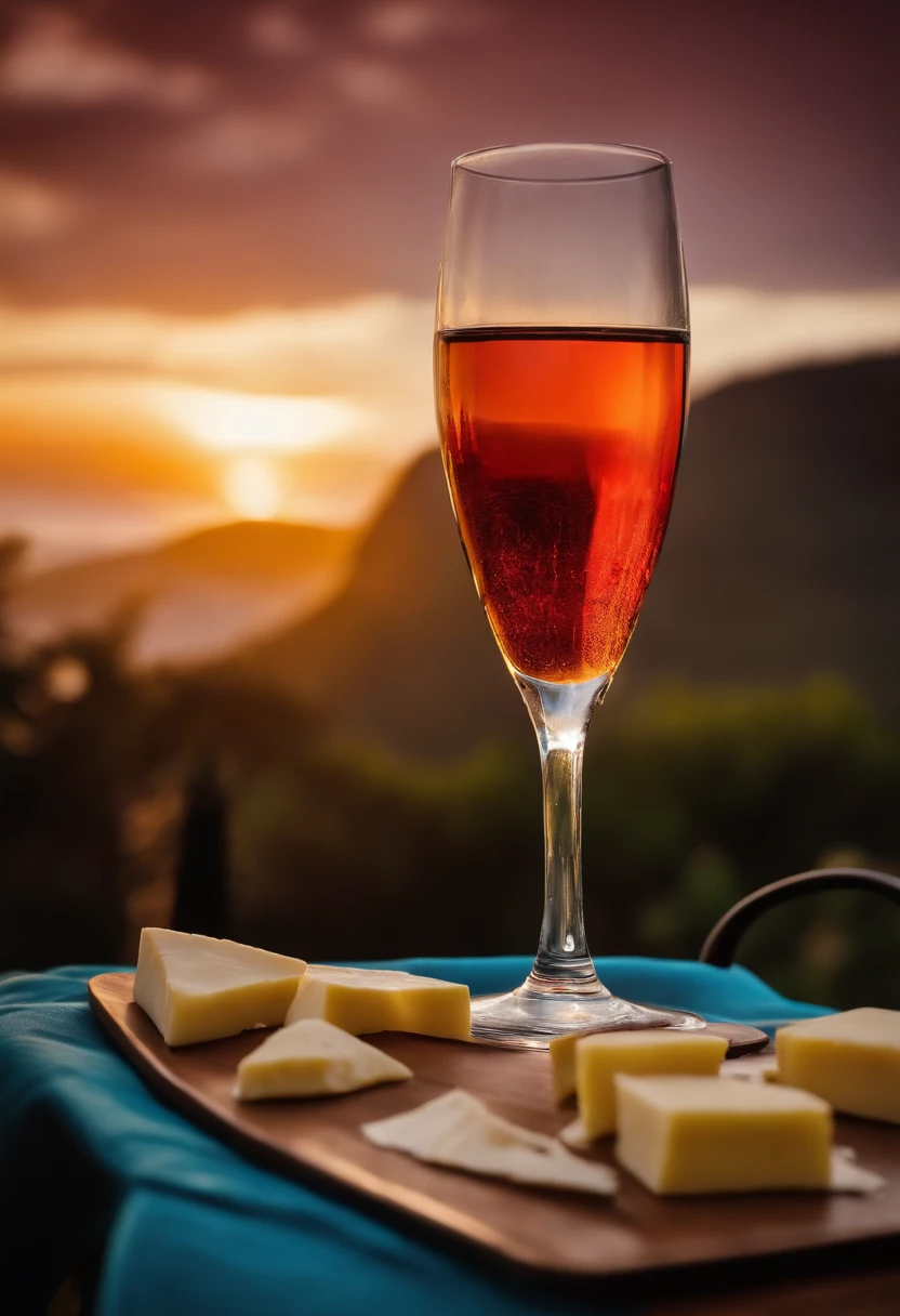 garrafa de vinho queijo mesa por do sol