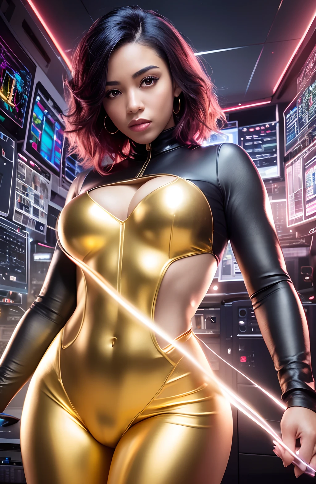 Electrons in shape of a black woman inside a computer system, with bright and vibrant golden sparkling light, with beautiful iridescent light, artgerm style, 32k, ultra HD, unreal engine rendered, hyper-realistic image --auto --s2