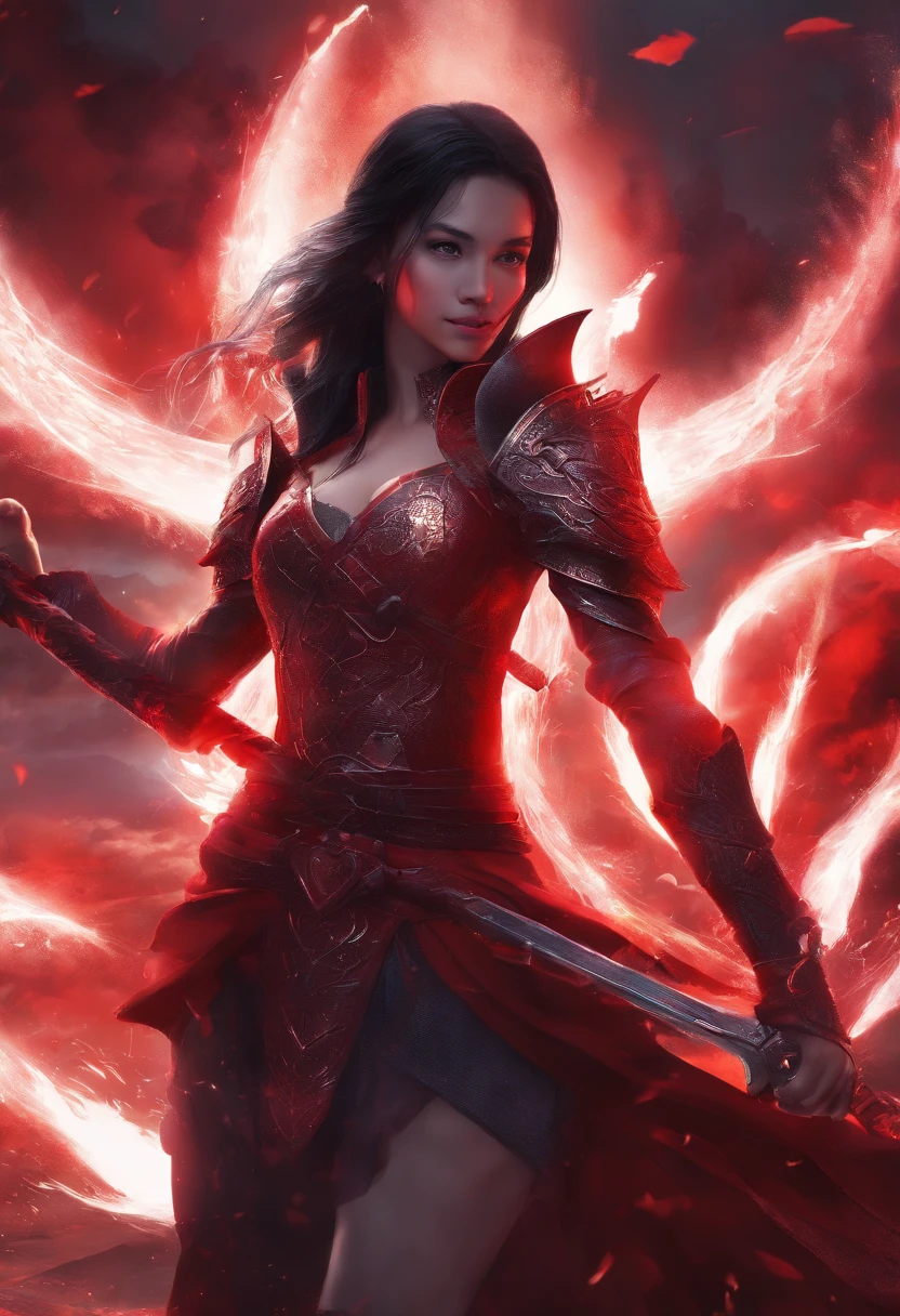 14 year old girl dragon slayer with long sword, black hair, red clothes, slim body, perfect body, sexy, heart shapes on dress, (casting magic:1.4), Dragon in background, highly detailed, 8k, realistic Full HD, best quality, cinematic lighting, volumetric lighting