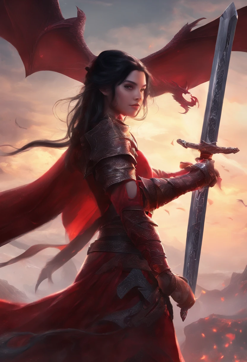 14 year old girl dragon slayer with long sword, black hair, red clothes, slim body, perfect body, sexy, heart shapes on dress, (casting magic:1.4), Dragon in background, highly detailed, 8k, realistic Full HD, best quality, cinematic lighting, volumetric lighting