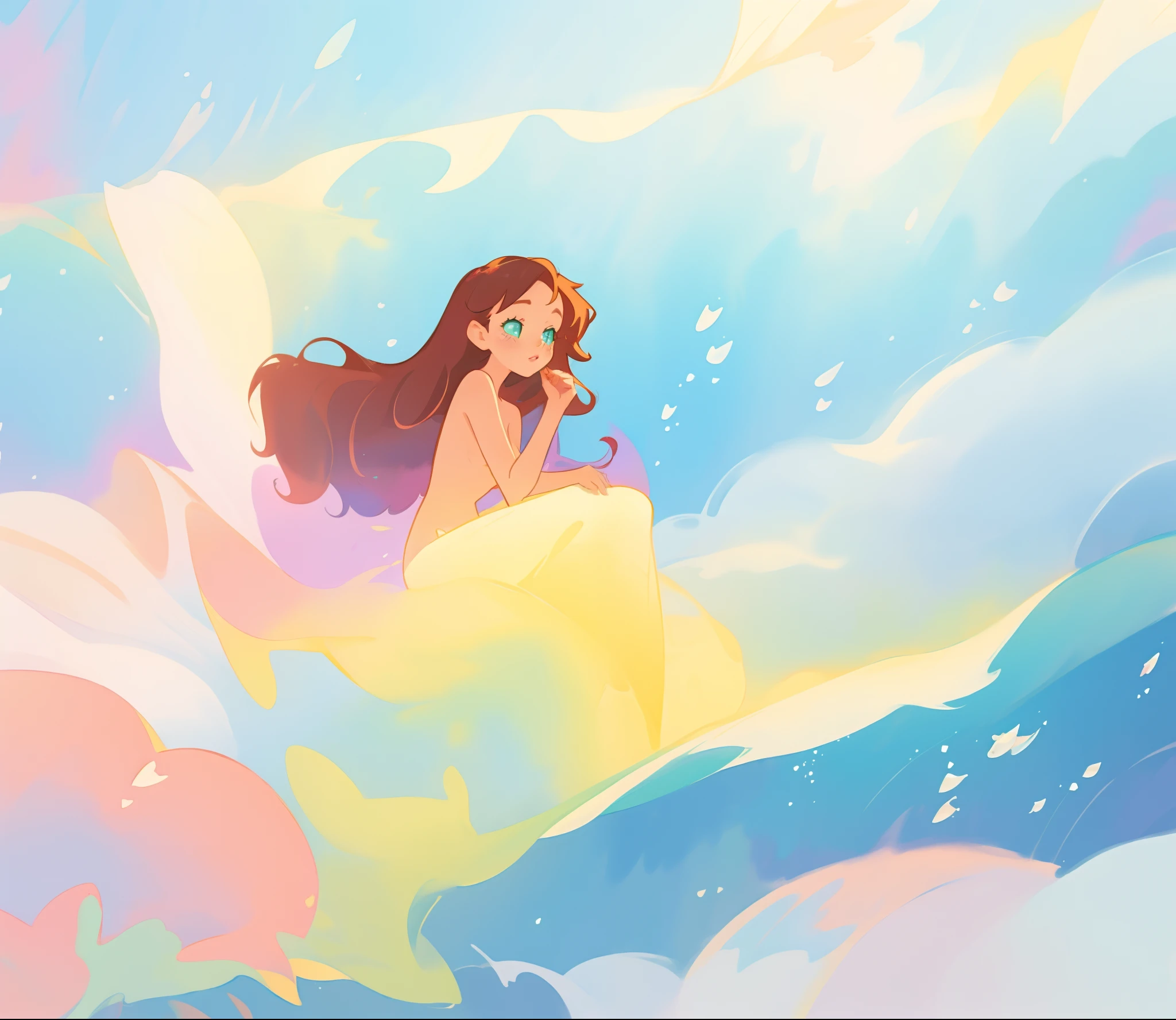 beautiful nude girl covered by seafoam, long dark hair, beautiful girl sitting in the water, private areas covered by seafoam, water nymph, water fairy, watercolor illustration, inspired by Glen Keane, inspired by Lois van Baarle, disney art style, by Lois van Baarle, by Glen Keane, jen bartel, beautiful digital illustration, fantasia otherworldly, beautiful, masterpiece, best quality, anime disney style