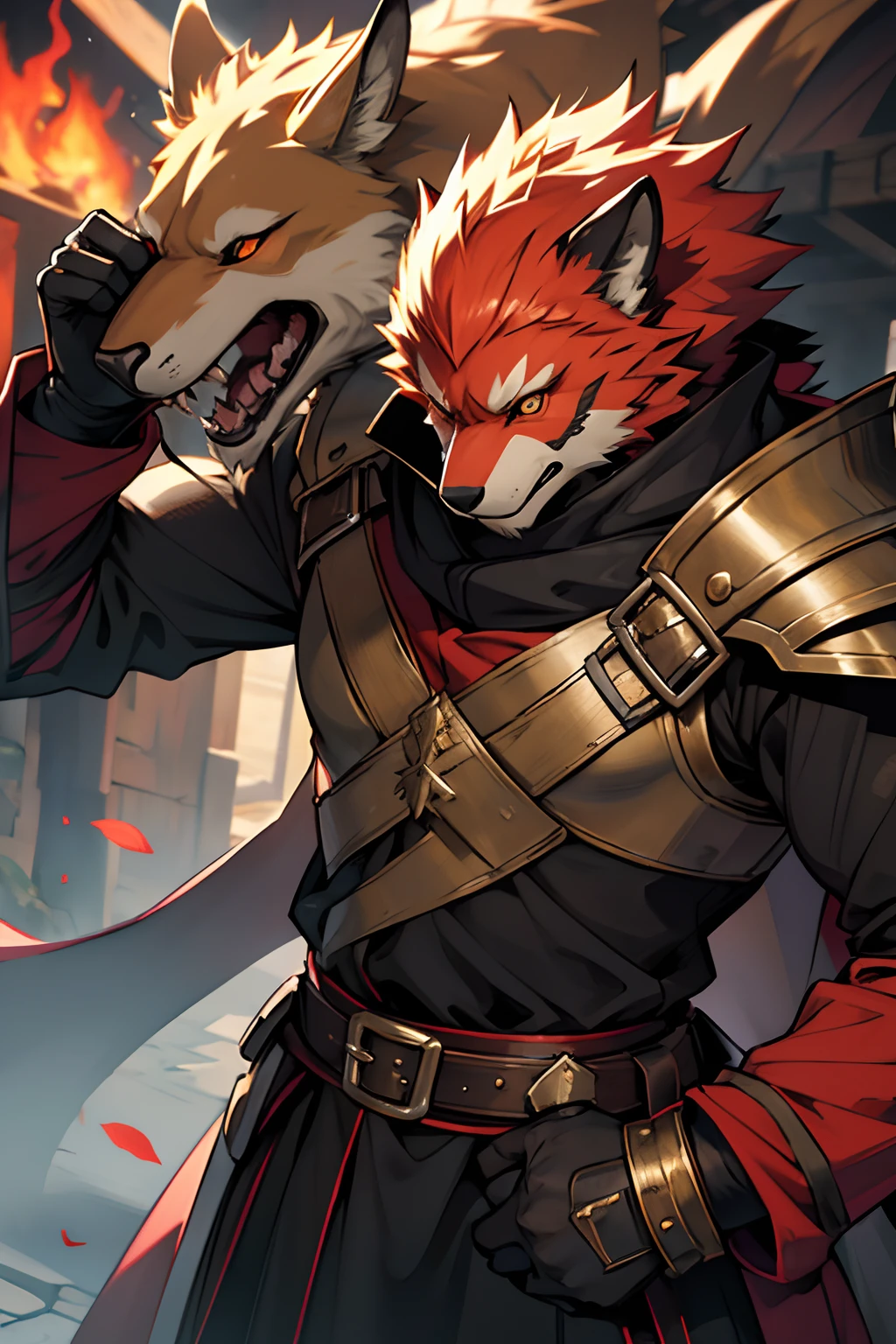 Guard Best Quality, tmasterpiece, extra high resolution, Detailed background, realisti, 独奏, ember, humanoid, heavy armor, The Face of the Beast, Furry, Guard's Outfit, Guardian's Attire, Guard, Medieval Guard, Medieval Guard Clothing , spearman, chaotic–neutral, , Horror \(subject\),Dark Fantasy, Good Guy , knave, Depth of field,