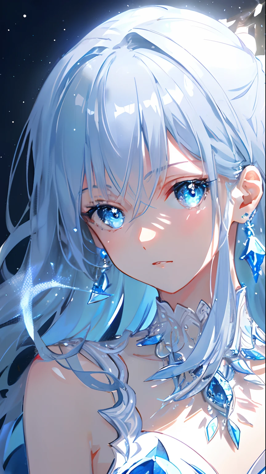 masterpiece, best quality, illustration, sax blue, platinum earrings, platinum necklace, white dress, 1girl, cute, (dynamic lighting:1.2), cinematic lighting, delicate facial features, detailed eyes, sharp pupils, realistic pupils, depth of field, bokeh, sharp focus, (hyper-detailed, bloom, glow:1.4), many small gems