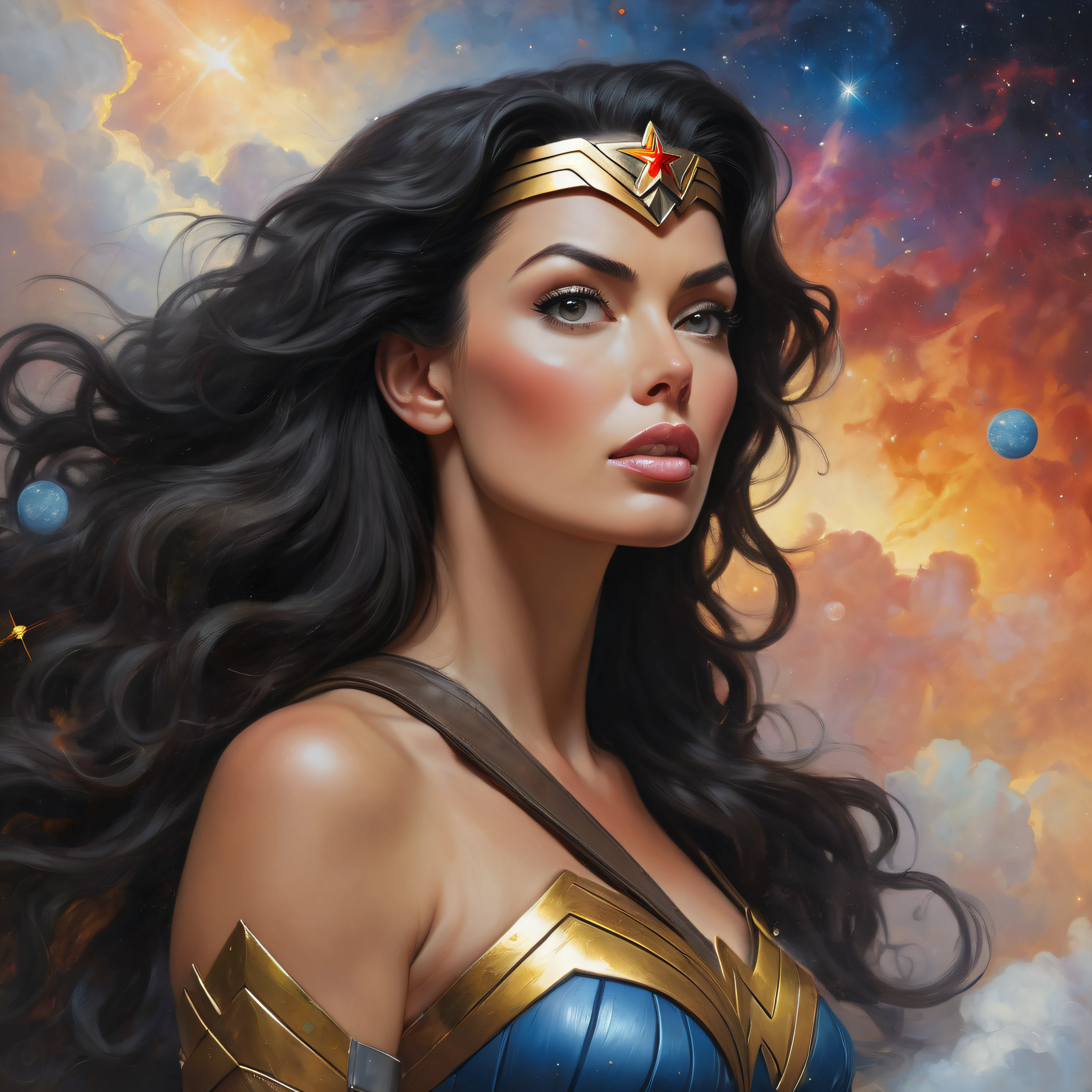 Close-up, Head to shoulders image of Megan Gale as Wonder Woman, extremely colorful, planets and stars and galaxies in the background, Multicolored lightning, fog, clouds, oil painting on canvas, in the art style of Frank Frazetta, Boris Vallejo, Julie Bell, Leonardo De Vinci, Rembrandt, Caravaggio, Michelangelo, Neal Adams, Thomas Kinkade, Norman Rockwell, Brom, Picaso,