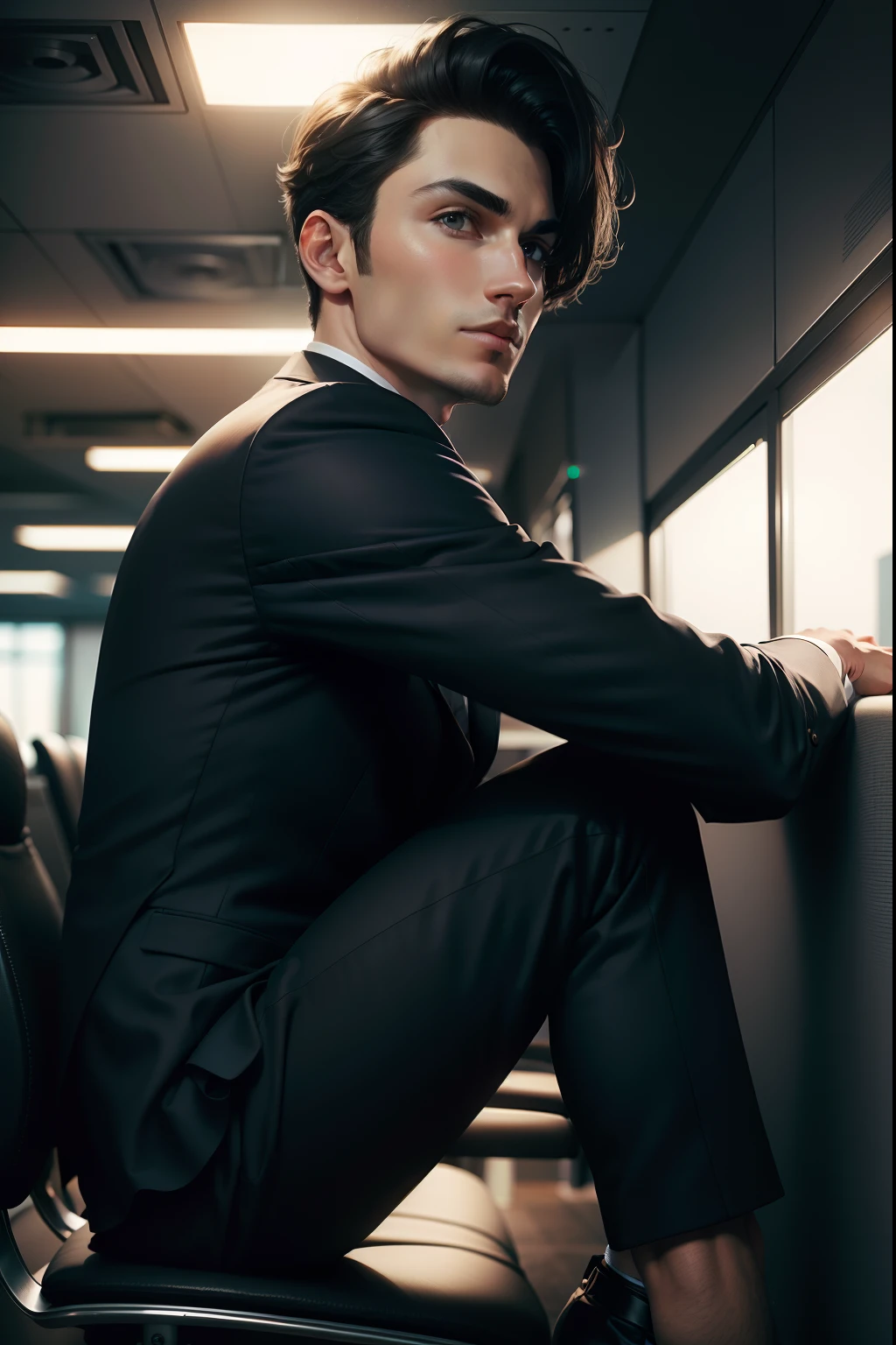 a young Business Man wearing modern black suit , change background to office , 8k quality, ultra realistic