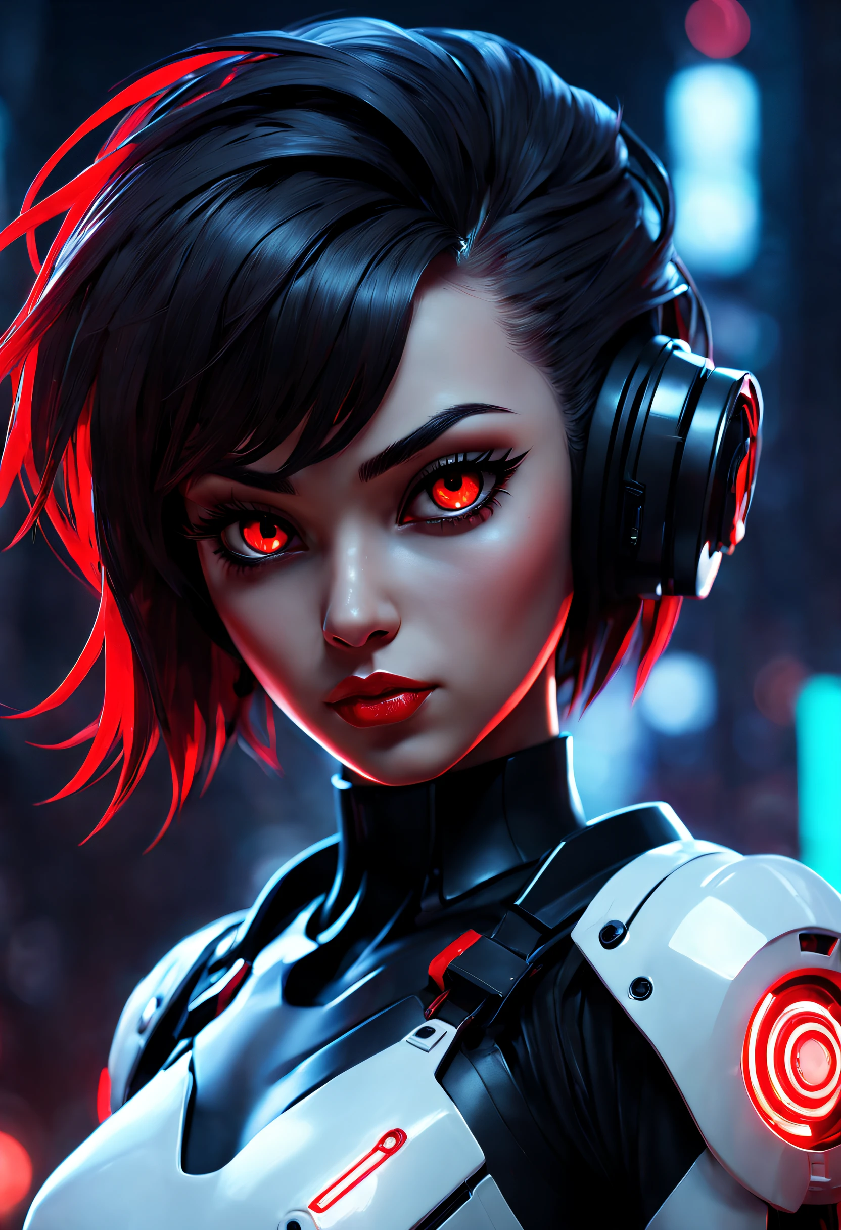 a detailed potrait of a cyberpunk cyborg girl with black and red parts, perfect face, realistic shaded perfect face, detailed.
night setting. realistic shaded lighting poster by ilya kuvshinov, unreal engine,
global illumination, radiant light, rim light, dark environment, full length and white stockings