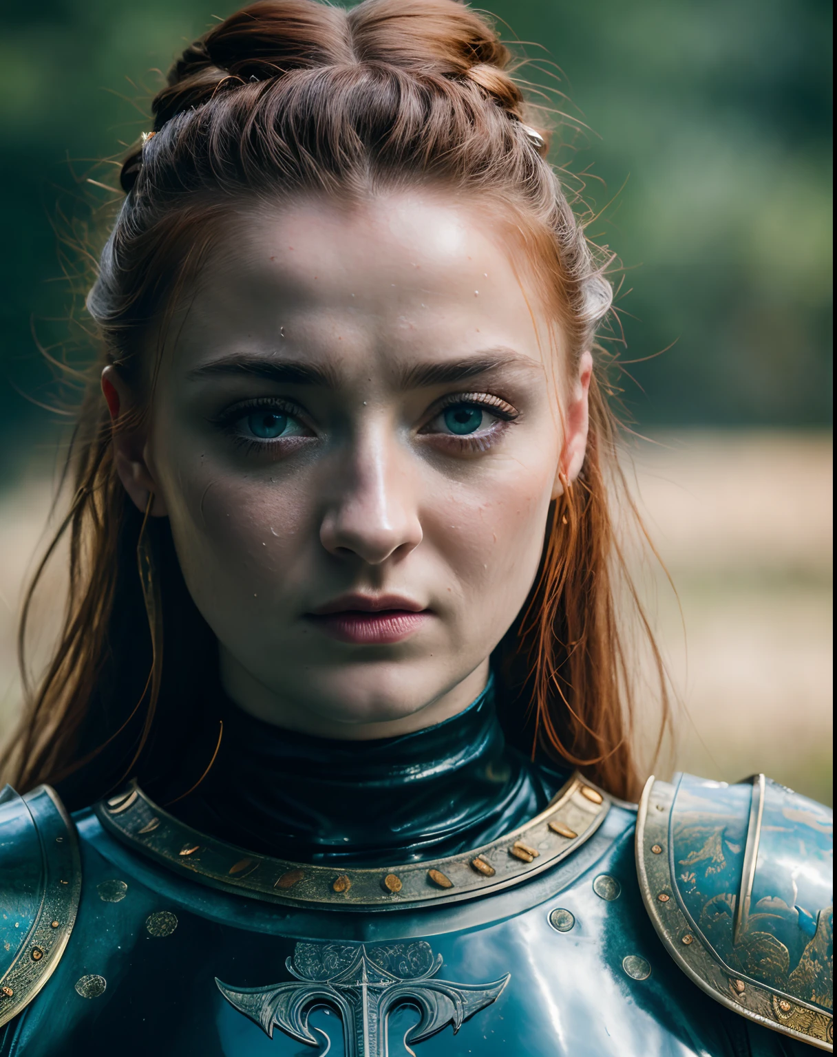 Sansa Stark, Gladiator dress, Full body shot,Mediaeval epic Battlefield background,erotic warrior costumes,standing alone,after battle, fierce looks,one hand up with sword, detailed hairy armpits, victory pose, blood in sword,Standing bravely after battle,battle movie scene,cinematic colour grading,blood stains in dress,fought the battle dominantly,Sansa Stark PLAYED BY Sophie Turner,Queen SANSA STARK,mature,milf, sexy mediaeval battle dress,gladiator woman,body,45 yo Woman,revealing costumes,perky breast,alluring figure,big natural breast,mediaeval costumes,mediaeval queen dress,erotic costumes,lusty physique,((detailed face)), ((detailed facial features)),(finely detailed skin), pale skin,(in a highly detailed sexy mediaeval dress,soft natural light,wet skin,(cool colors), damp, reflections, (masterpiece) (perfect aspect ratio), (realistic photo), (best quality), (detailed) photographed on a Canon EOS R5, 50mm lens, F/2.8, HDR, (8k) (wallpaper) (cinematic lighting) (dramatic lighting) (sharp focus) (intricate), RAW photo, RAW photo, gigachad photo,8k uhd, dslr, high quality, film grain, Fujifilm XT3, extremely detailed,photorealistic, realistic,incredibly absurd, highly detailed, sharp focus,(Professional Studio Lighting),(Professional Color Grading), Edge Lighting,Dramatic lighting,Cinematic lighting,Lumen reflections, Soft natural lighting, Soft color, Photon mapping, Radiosity, (Beautiful eyes), (Detailed eyes), (Detailed face), symmetrical eyes, sharp eyes, cold face, full body), (HIGH LEVEL OF DETAIL),(wet, oil-lubricated),(sweaty),large breasts, high detailed skin, uncharacterized texture, hyper detailed, realistic skin texture, armor, best quality, ultra high res, (photorealistic: 1.4) high resolution, detailed, raw photo, sharp re, by lee jeffries nikon d850 film stock photography 4 kodak portra 400 camera F1.6 Lens rich colors hyper realistic texture dramatic lighting UnrealEngine trend in Artstation Cinestill 800, veins in the body, (body and fitness).