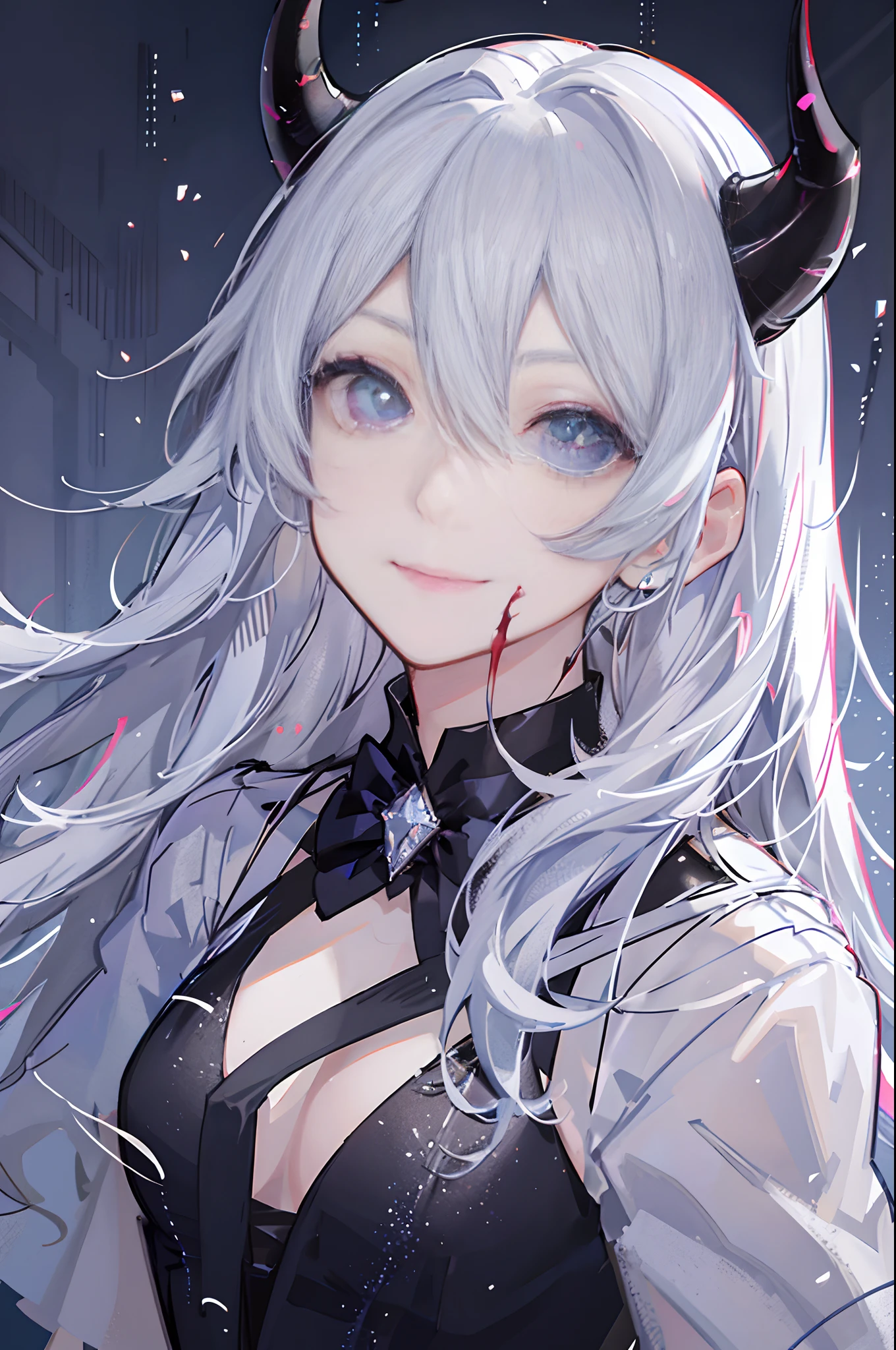 masterpiece, super detail, high quality, best quality, 4K, 1woman, (perspective), ((view from above)), atmospheric perspective, raining blood, environment with white and hazy lighting and coloring, empty city scene, very long white hair, straight hair, (elegant white dress), completely white character, (black tie), formal long tie, mirrors at the end of the hair, gray eyes, lonely, lens flare, overcast dark weather, expressionless eyes, diamond colored eyes, depth of field, beautiful eyes, crystal pupils, (looking up), pupil reflecting light, right eye with cracks in the crystal, hair flying a little in the wind, nosebleed, light smile, ((black horns))