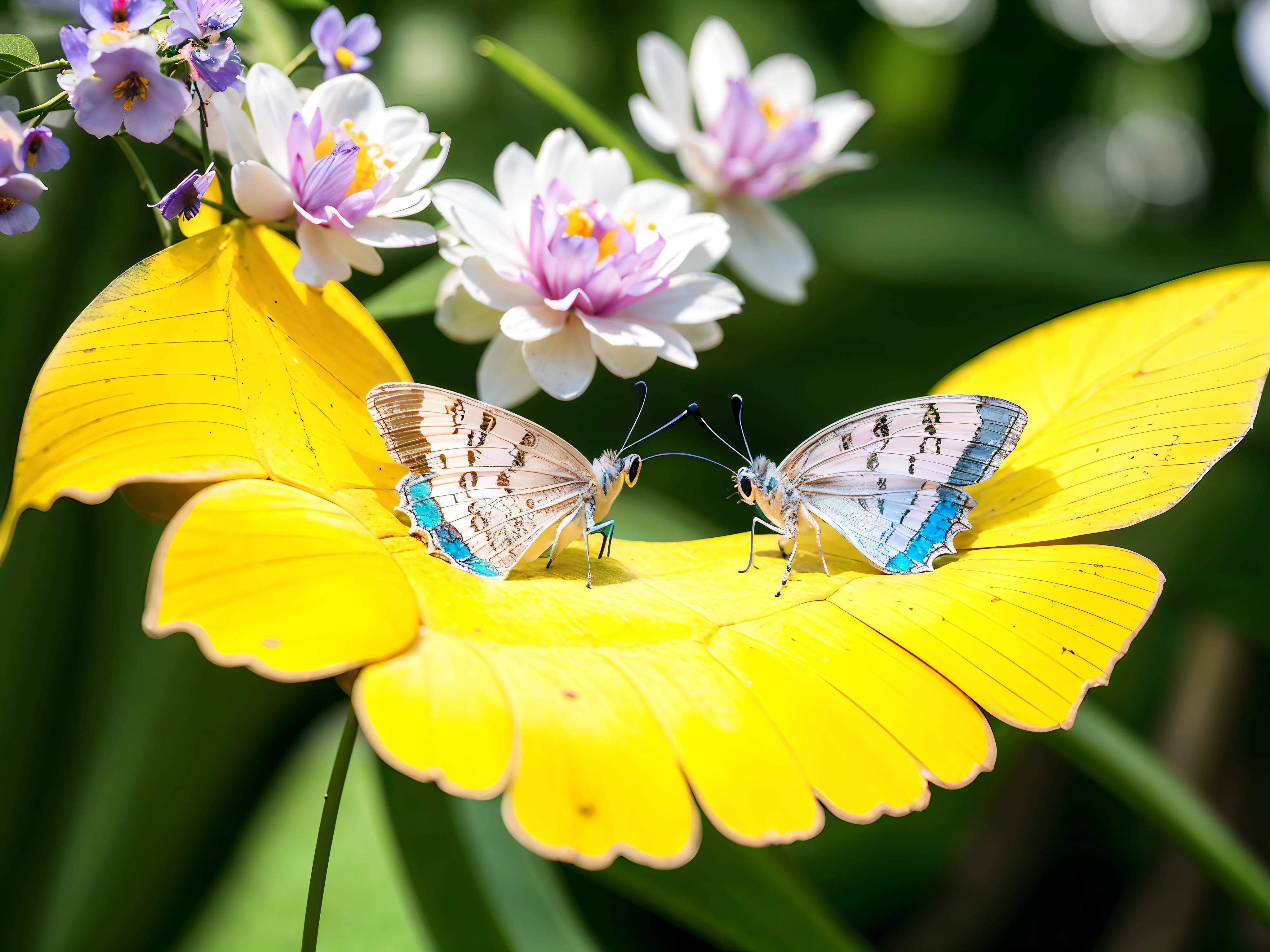 there are two butterflies that are sitting on a flower, harmony of butterfly, shot with canon eoa 6 d mark ii, photo taken with nikon d 7 5 0, photo taken with nikon d750, macro 20mm, by Basuki Abdullah, but as macro!!!!! photography, symmetric!!, translucent wings, macro photography 25mm