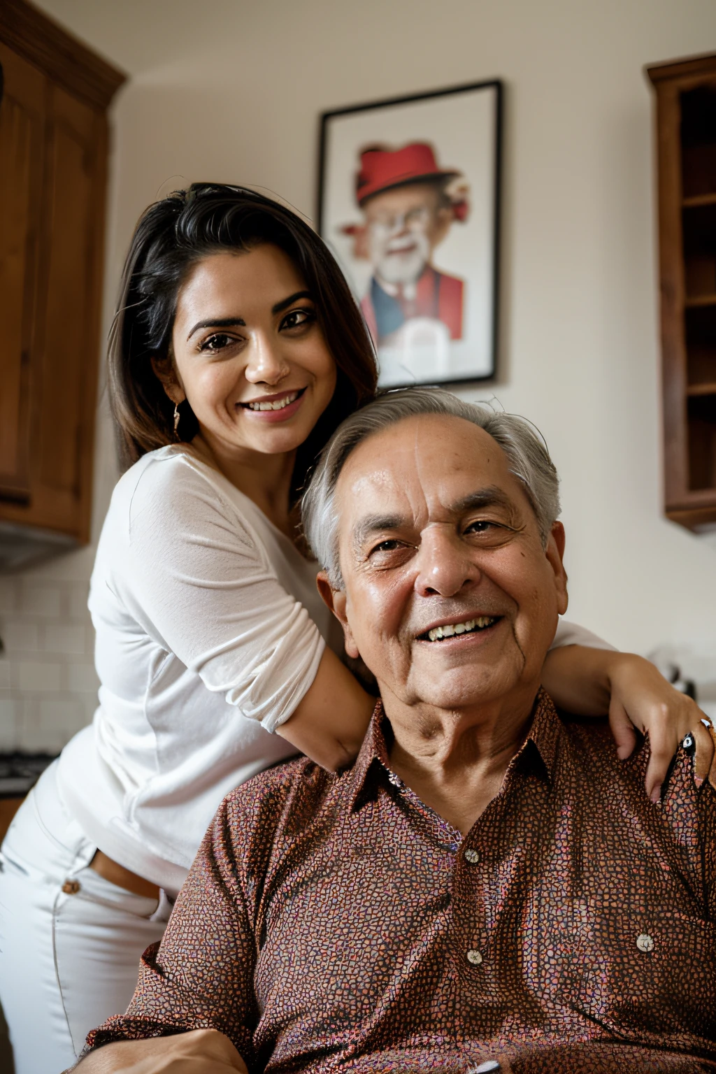 casal de velhinhos com 90 anos de idade, expressando amor e humor, humorous, OLHANDO PARA A CAMERA, EM UM LAR