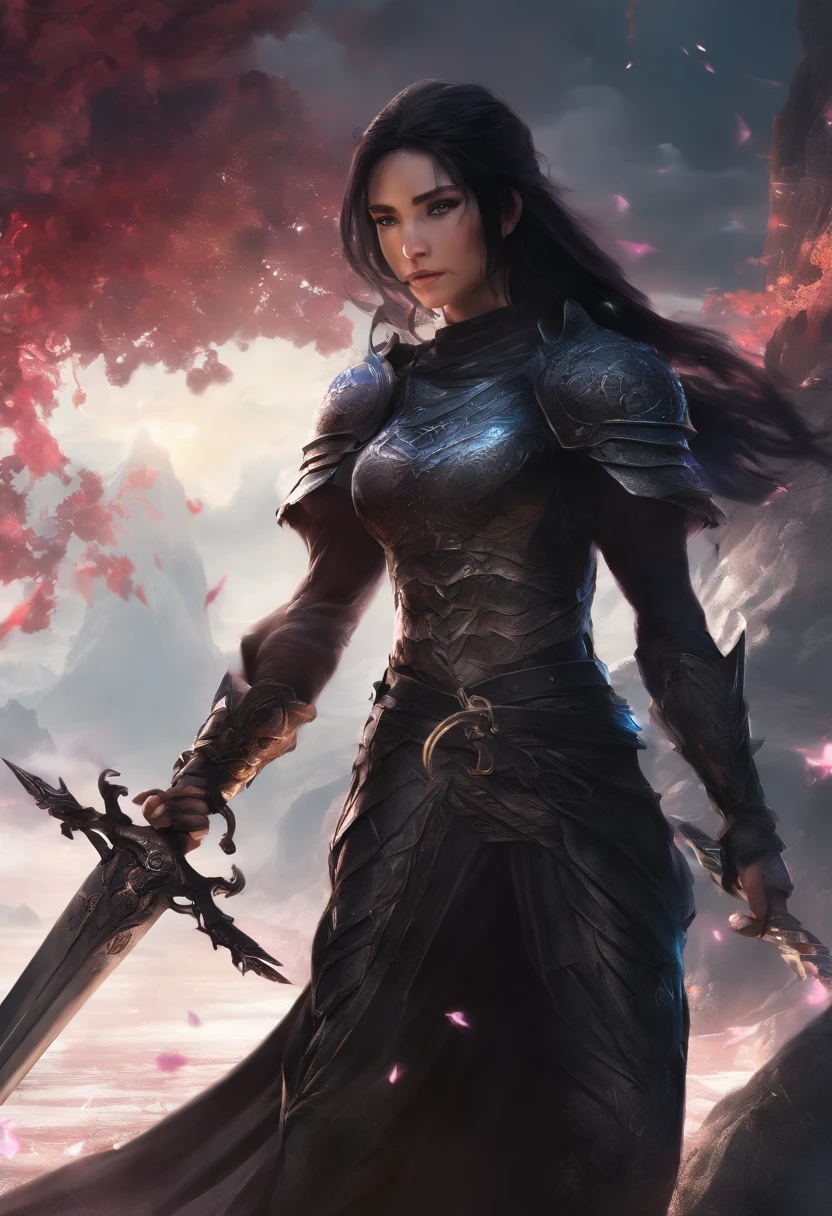 mythology, 12 year old girl dragon slayer with long sword, black hair, black clothes, slim body, perfect body, sexy, (casting magic:1.4), Dragon in background, highly detailed, 8k, realistic Full HD, best quality, cinematic lighting, volumetric lighting