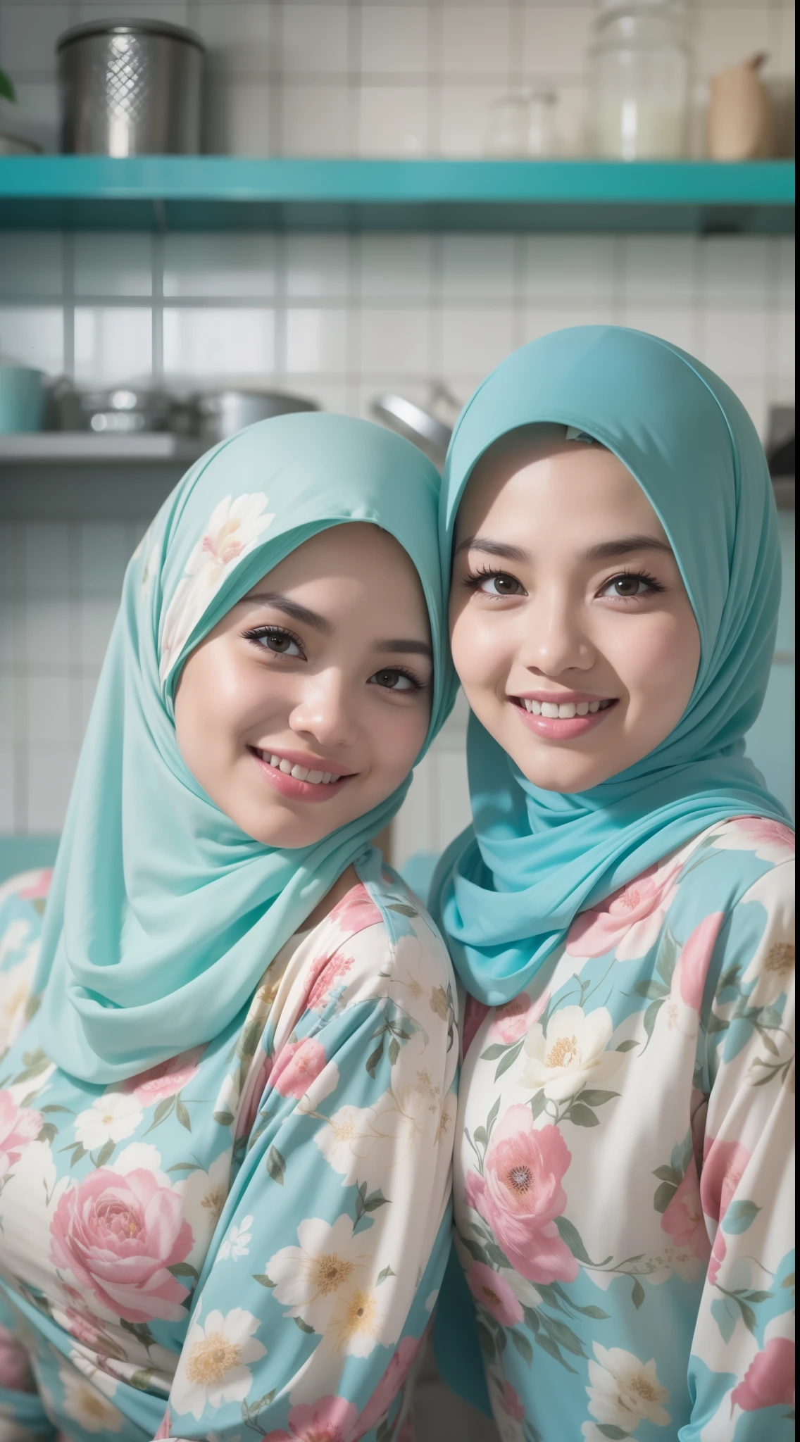 4 beautiful malay girl in pastel color hijab taking picture in modern kitchen, wear pastel blue and white floral pattern baju kurung, friendly and laughing situation, laughing, happy, modern pastel color kitchen, detailed skin texture, soft lighting, pastel color theme,8mm, Close-up shot, cool-toned color grading, depth of field, film noir, high quality, ultra detail, 8k resolution,