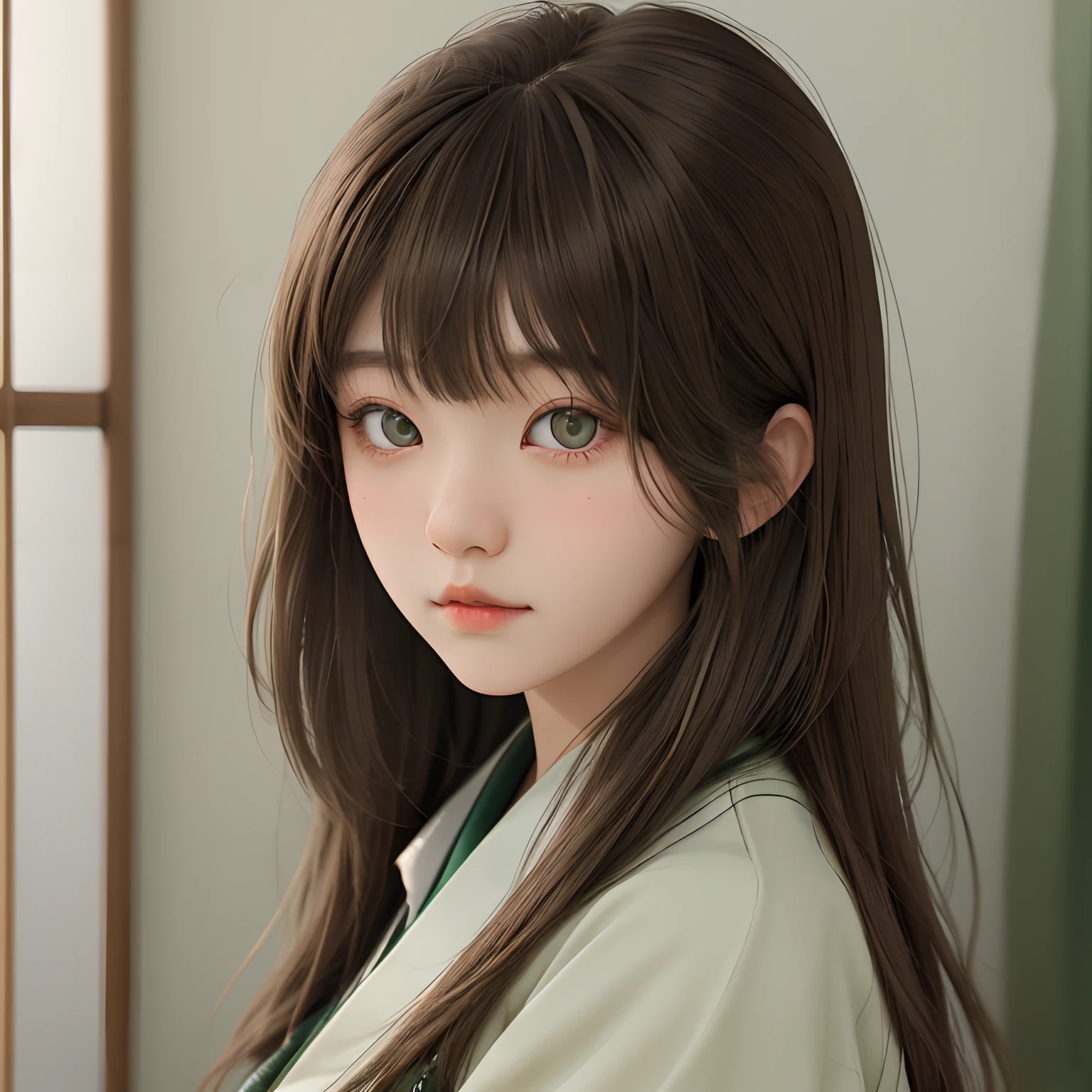 A Japanese school girl, long brown hair bangs, sleepy eyes and eye color sage green