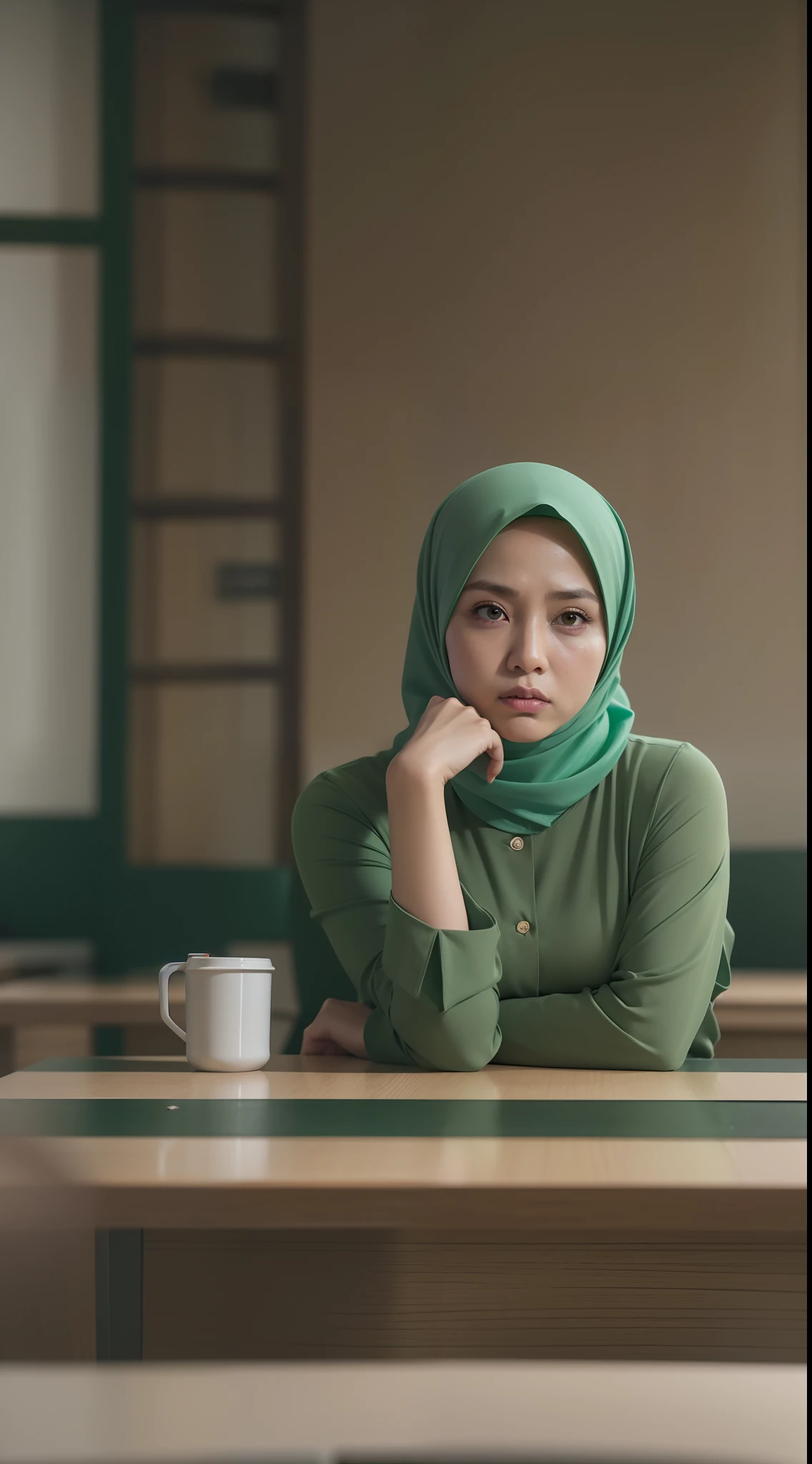 Beautiful fair skin matured malay girl in hijab seating in meeting room angry, 45 years old, milf, angry pose, angry face, meeting room, morning, wearing hijab, pastel color hijab, green office outfit, green suits, small tits, small breast, flat chest, wide waist, beer belly, thick thighs,Prores lense, Low angle shot, Desaturated color grading, rear projection, Tungsten light, Dynamic shadows, indie