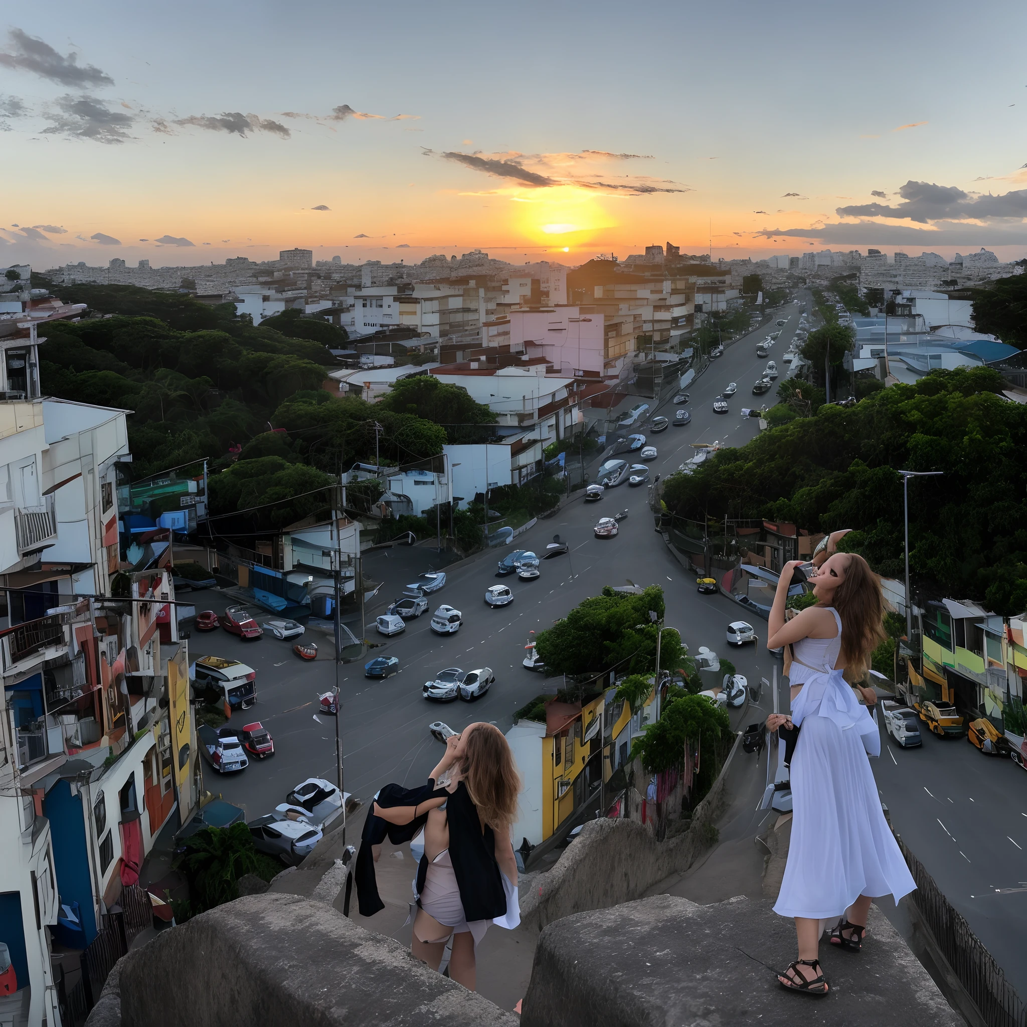 Foto realista, mulher na rua, ao por do sol, seios fartos e biquini pequeno, bunda grande e molhada, de quatro.